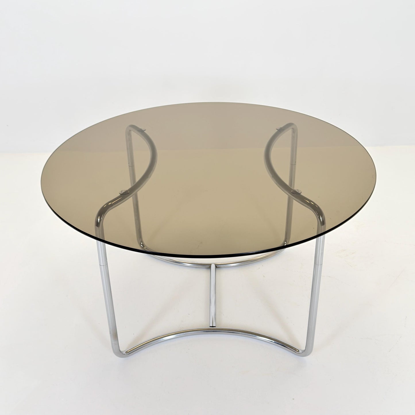 Mid-Century Modern Bauhaus Dining Table By Vittorio Introini– 1970s Italy, Round Smoked Glass & Chrome,