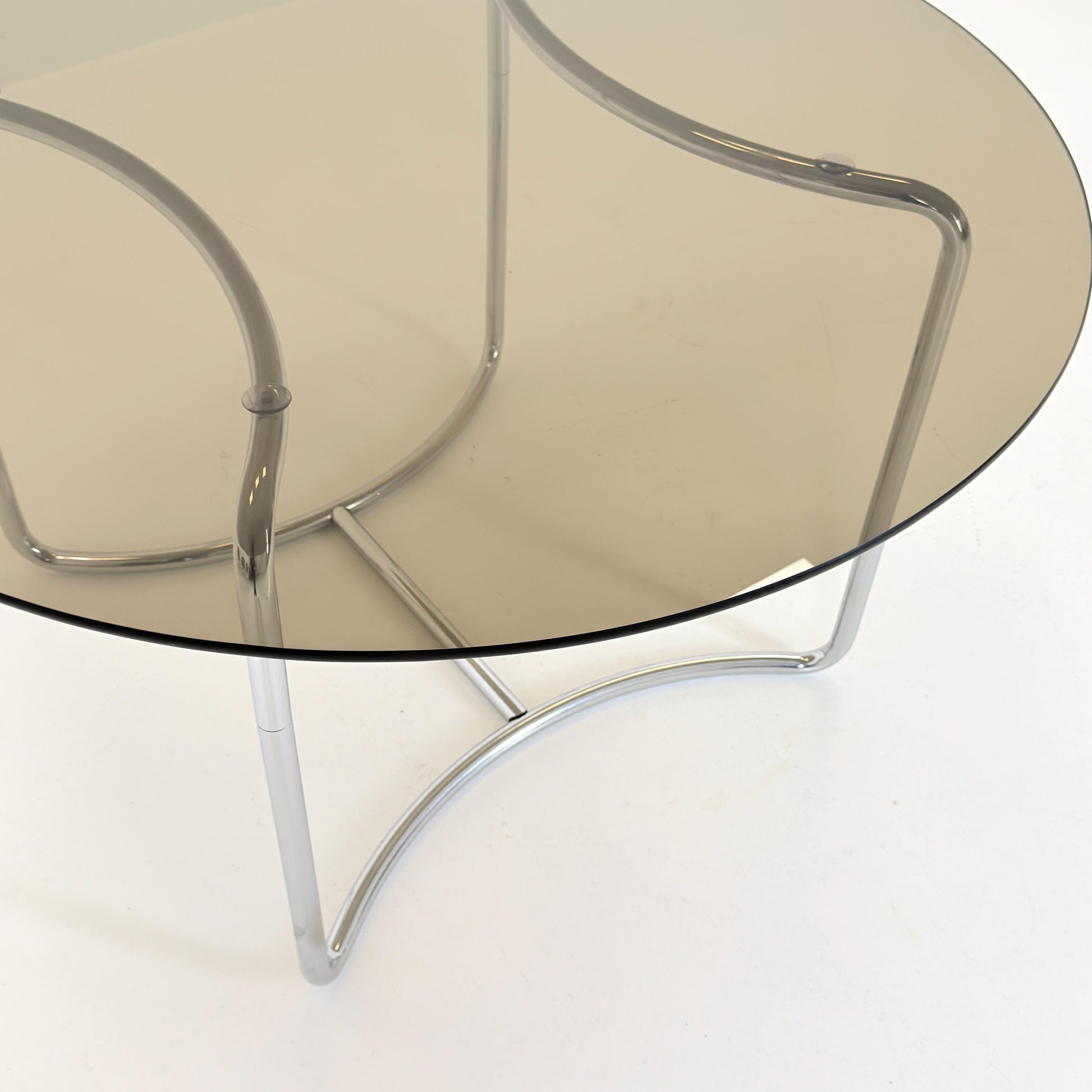 Mid-Century Modern Bauhaus Dining Table By Vittorio Introini– 1970s Italy, Round Smoked Glass & Chrome,