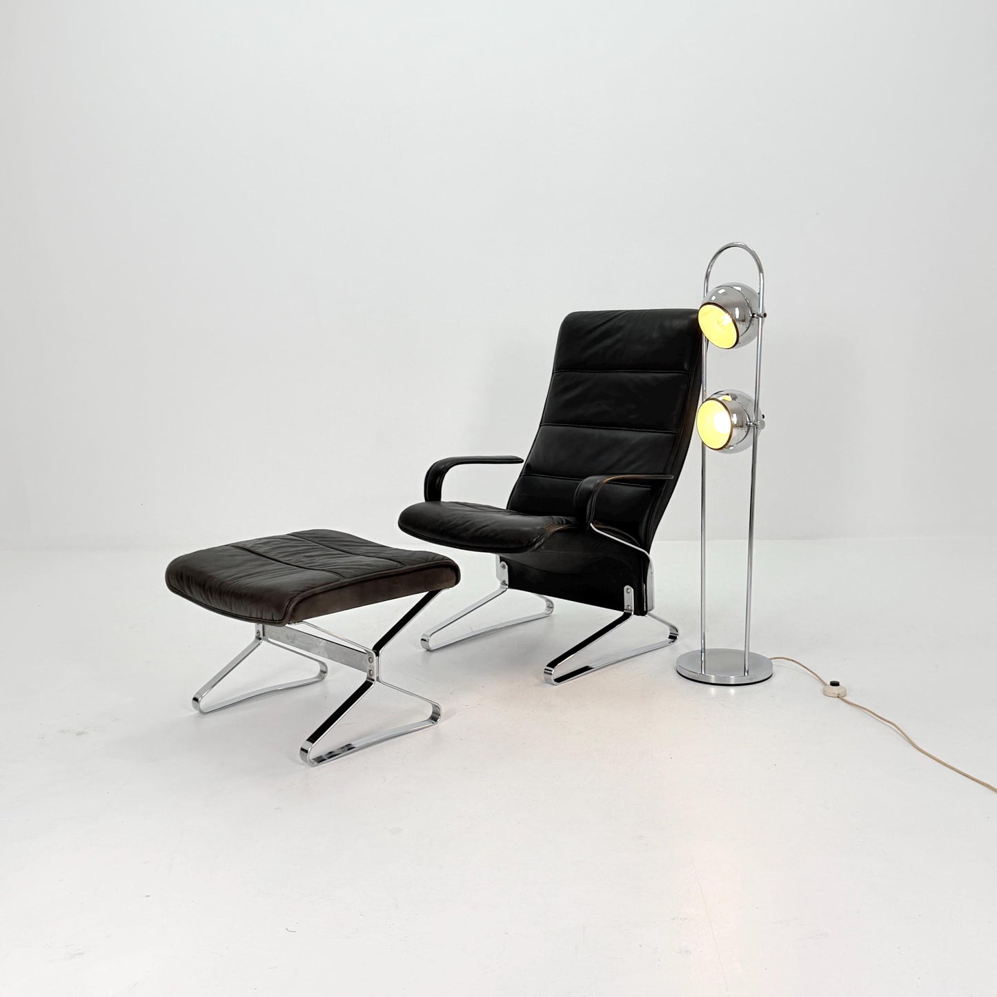 Mid Century Modern Lounge Chair / Ottoman Attributed to Kastholm & Fabricius – Black Leather -Chrome Armchair, Germany 1980s