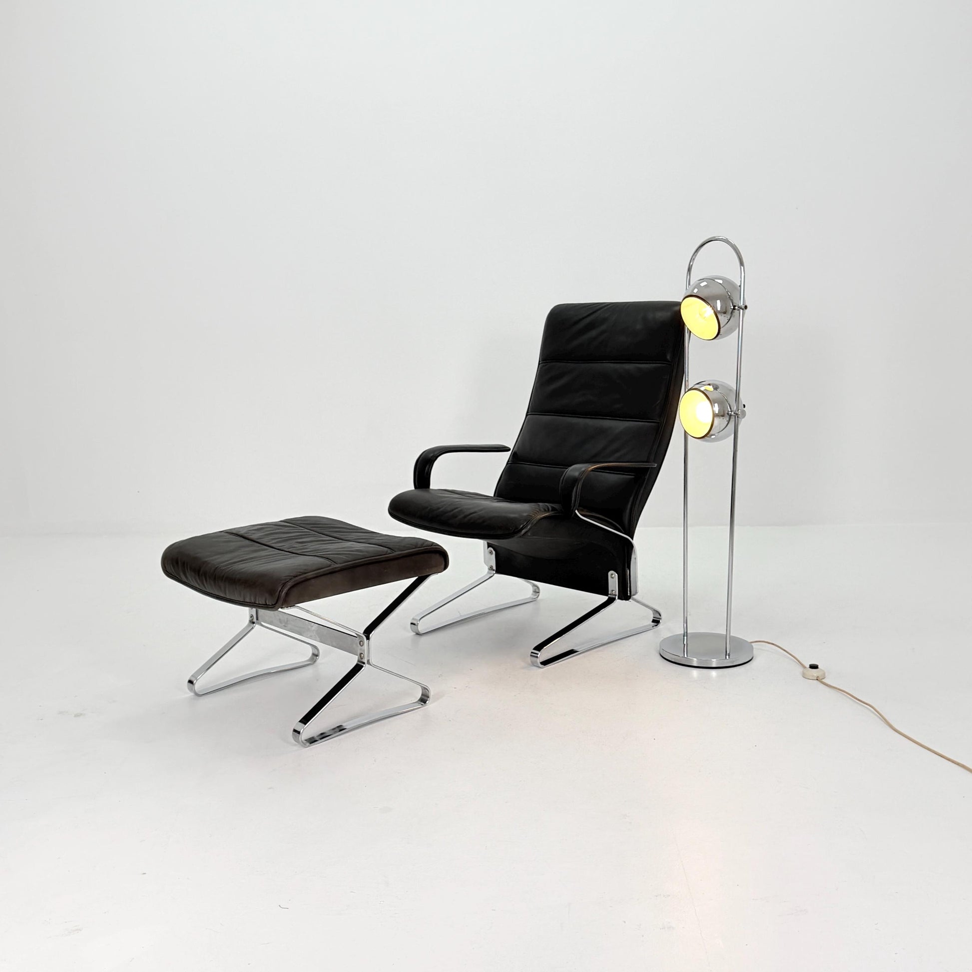 Mid Century Modern Lounge Chair / Ottoman Attributed to Kastholm & Fabricius – Black Leather -Chrome Armchair, Germany 1980s