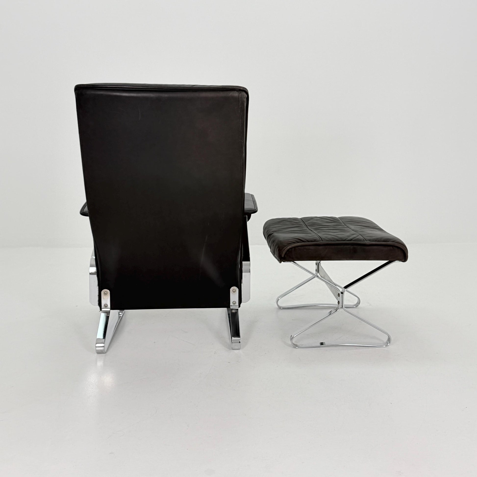 Mid Century Modern Lounge Chair / Ottoman Attributed to Kastholm & Fabricius – Black Leather -Chrome Armchair, Germany 1980s