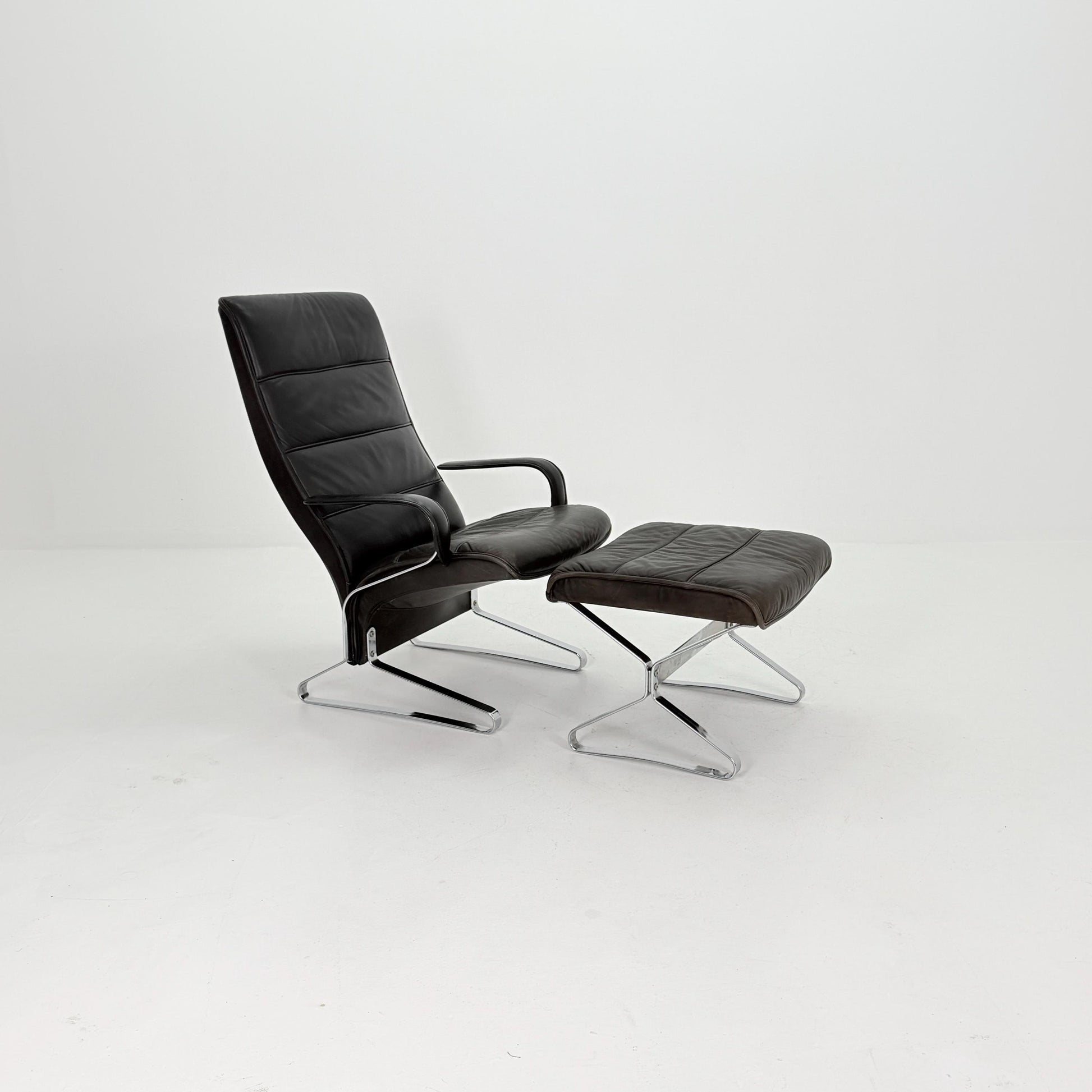 Mid Century Modern Lounge Chair / Ottoman Attributed to Kastholm & Fabricius – Black Leather -Chrome Armchair, Germany 1980s