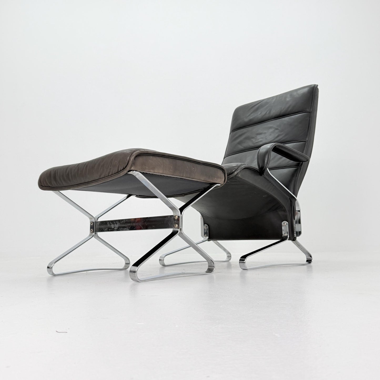 Mid Century Modern Lounge Chair / Ottoman Attributed to Kastholm & Fabricius – Black Leather -Chrome Armchair, Germany 1980s