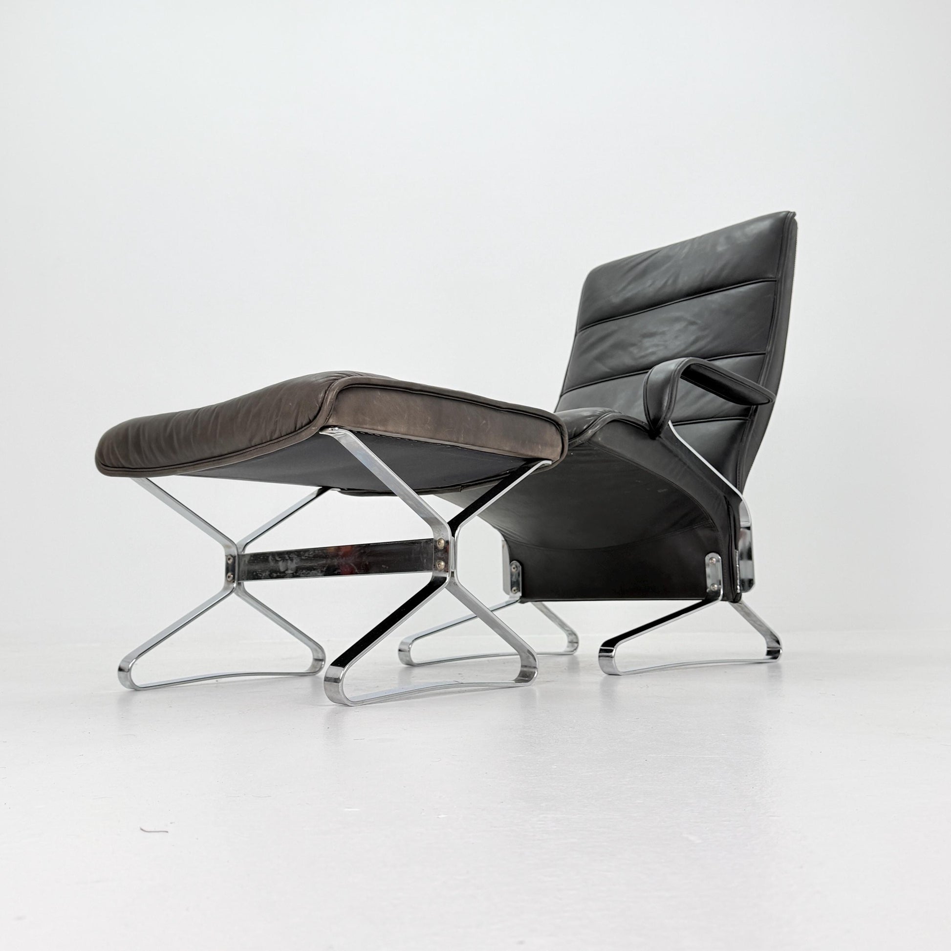 Mid Century Modern Lounge Chair / Ottoman Attributed to Kastholm & Fabricius – Black Leather -Chrome Armchair, Germany 1980s
