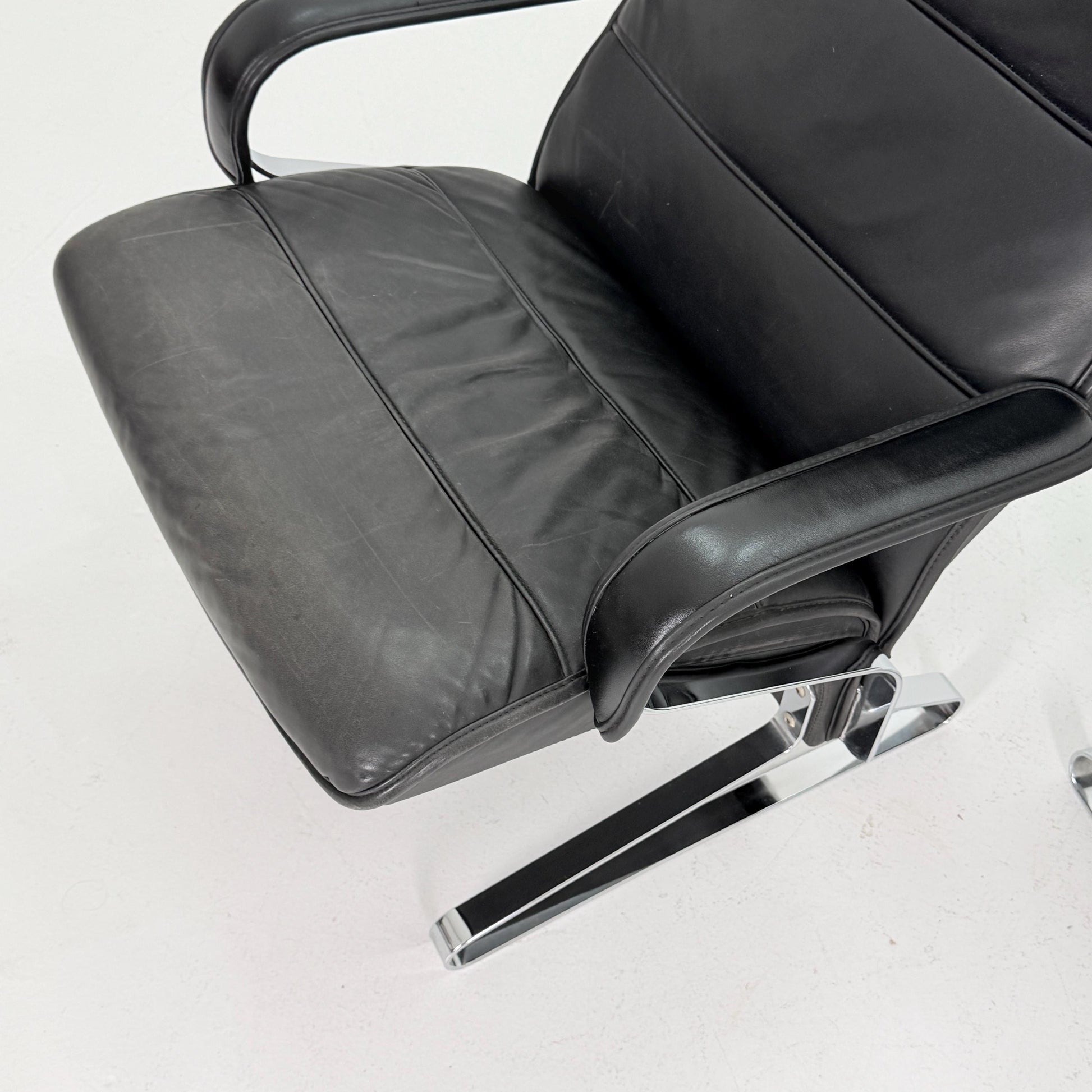 Mid Century Modern Lounge Chair / Ottoman Attributed to Kastholm & Fabricius – Black Leather -Chrome Armchair, Germany 1980s