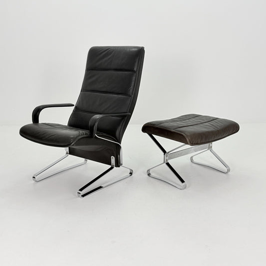 Mid Century Modern Lounge Chair / Ottoman Attributed to Kastholm & Fabricius – Black Leather -Chrome Armchair, Germany 1980s