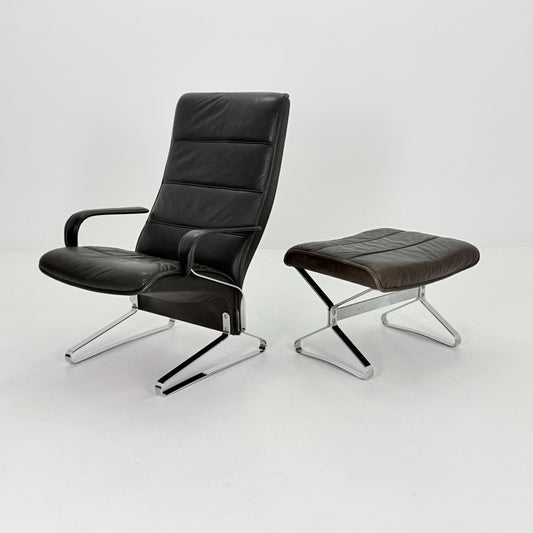 Mid Century Modern Lounge Chair / Ottoman Attributed to Kastholm & Fabricius – Black Leather -Chrome Armchair, Germany 1980s