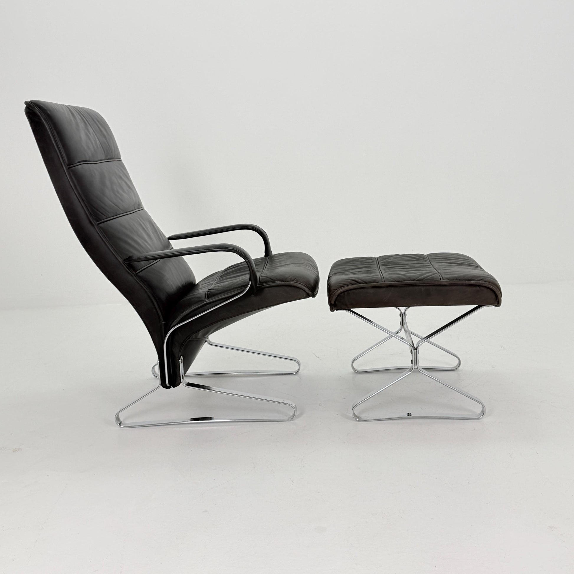 Mid Century Modern Lounge Chair / Ottoman Attributed to Kastholm & Fabricius – Black Leather -Chrome Armchair, Germany 1980s