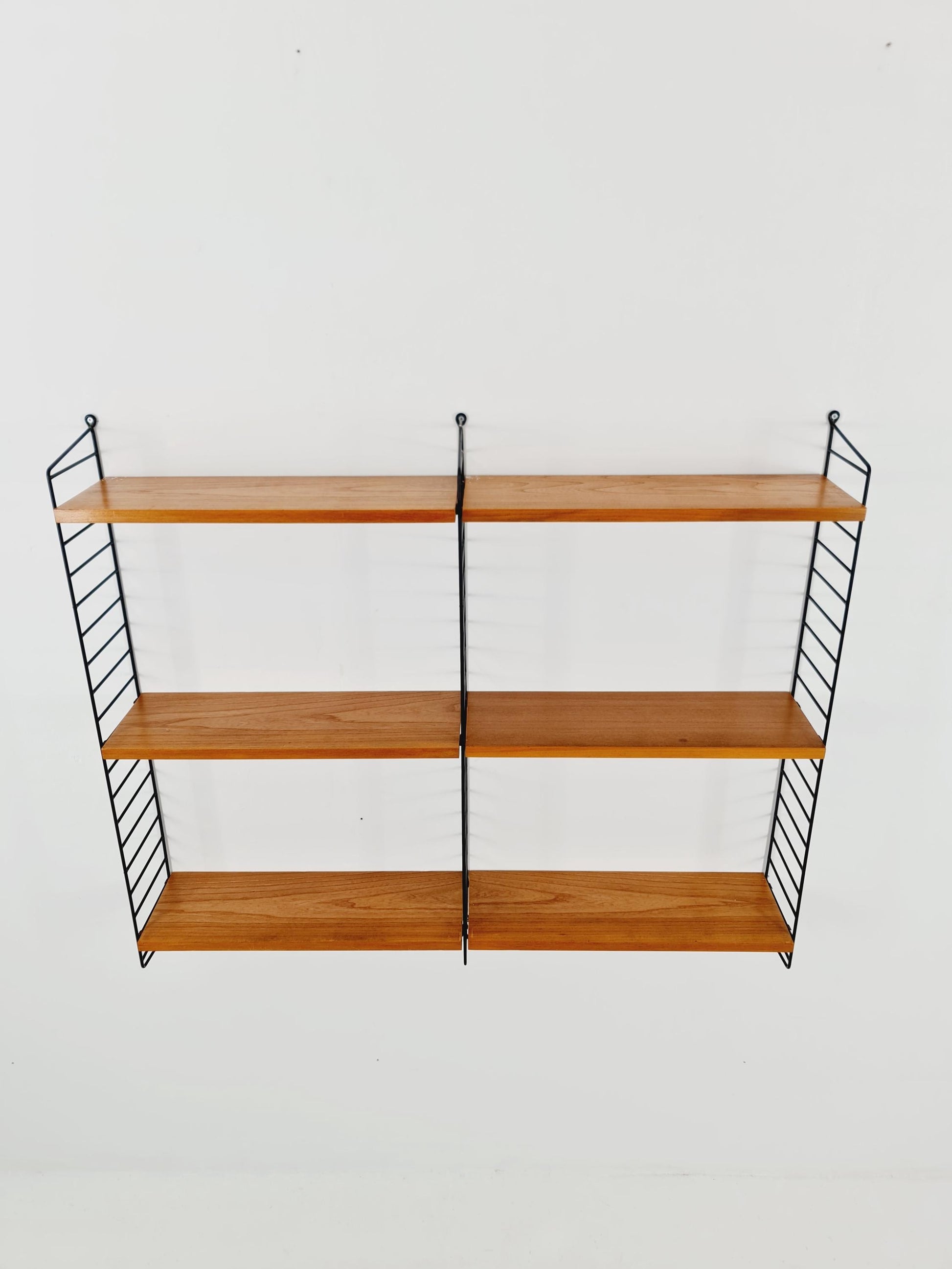 Original MCM Ash wood shelving system - consists of Black lacquered metal ladders, from string Stockholm 1960s