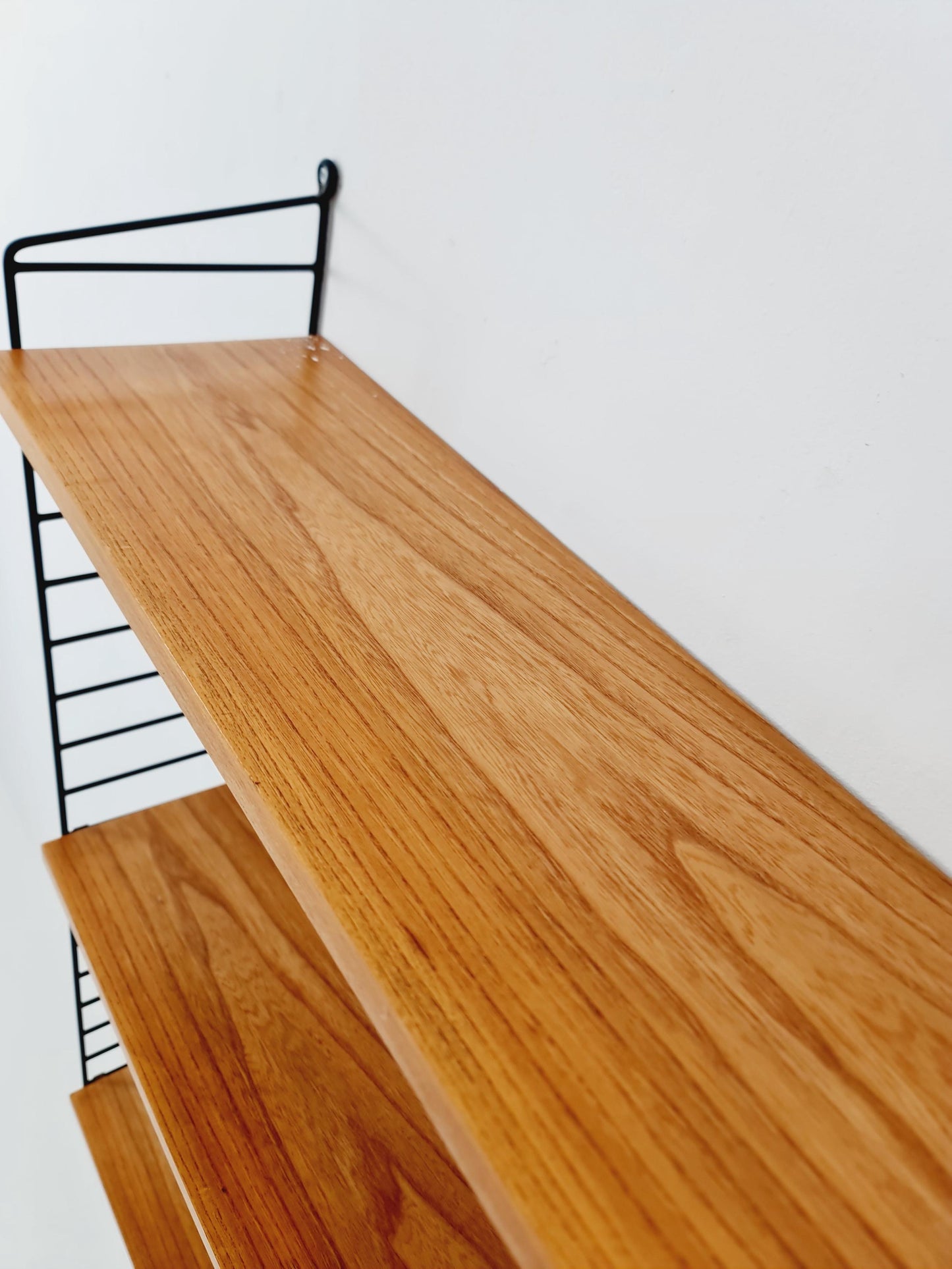 Original MCM Ash wood shelving system - consists of Black lacquered metal ladders, from string Stockholm 1960s