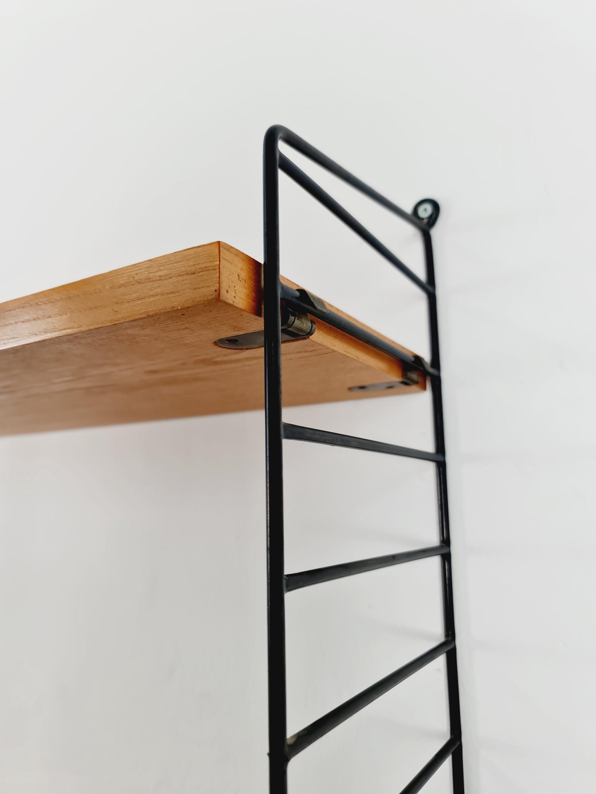 Original MCM Ash wood shelving system - consists of Black lacquered metal ladders, from string Stockholm 1960s