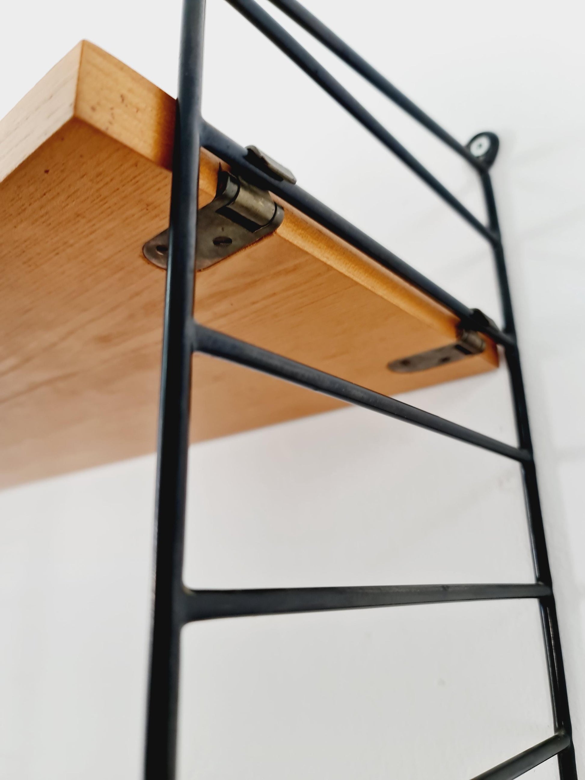 Original MCM Ash wood shelving system - consists of Black lacquered metal ladders, from string Stockholm 1960s