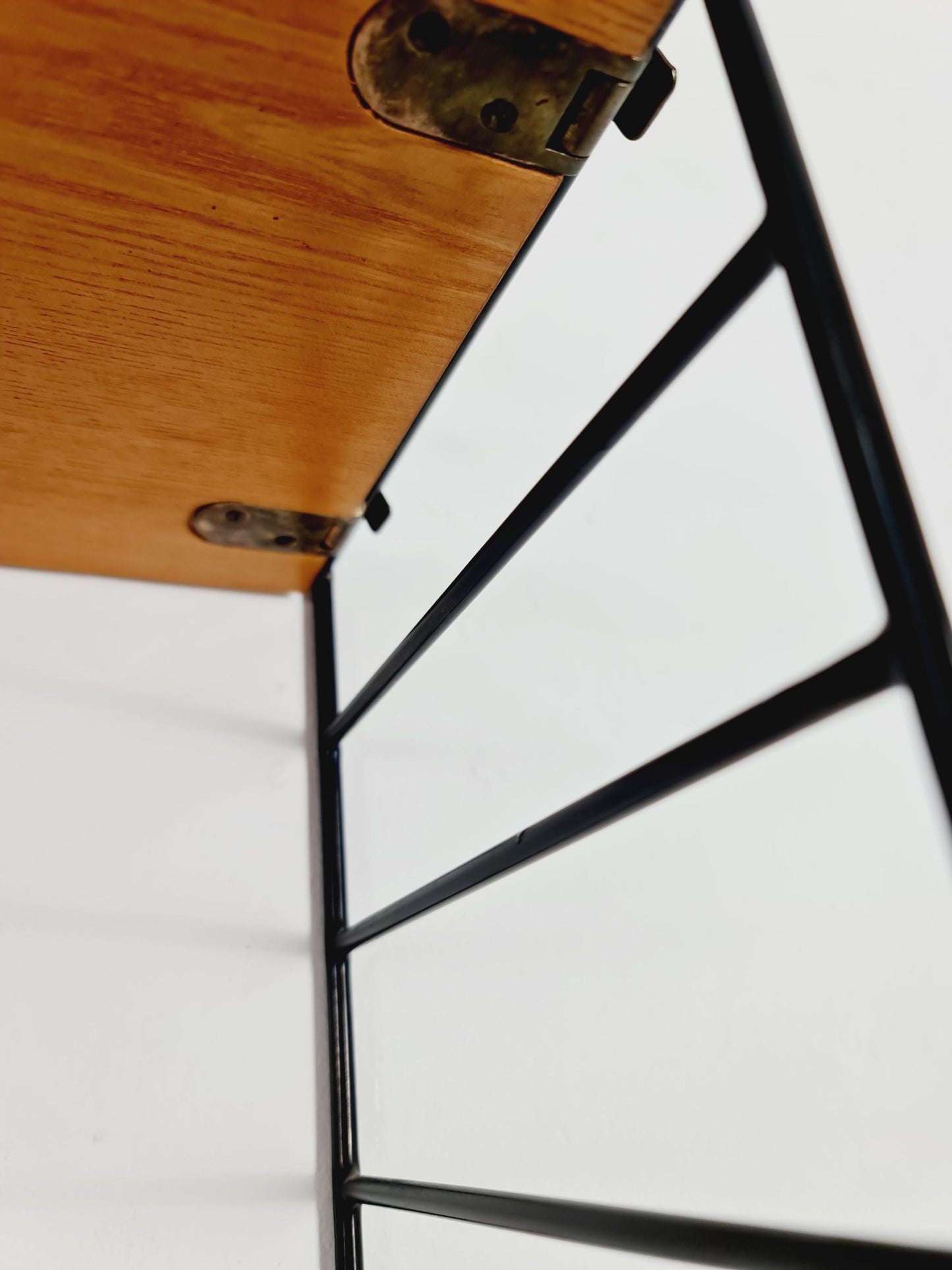 Original MCM Ash wood shelving system - consists of Black lacquered metal ladders, from string Stockholm 1960s