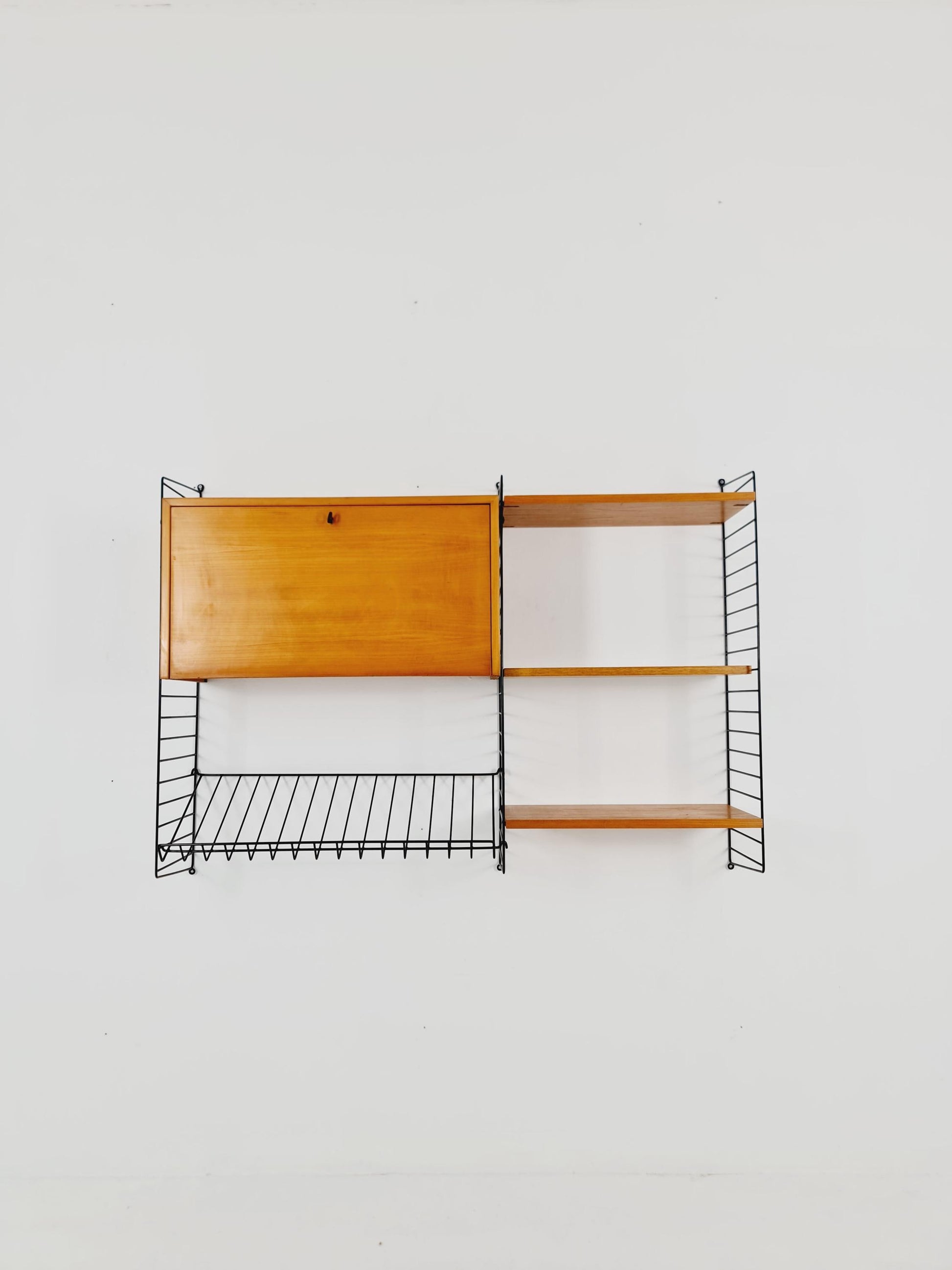 Wall-mounted original Swedish string shelf-system, drawers, bookcase teak by Nils & Kajsa Strinning, 1960s