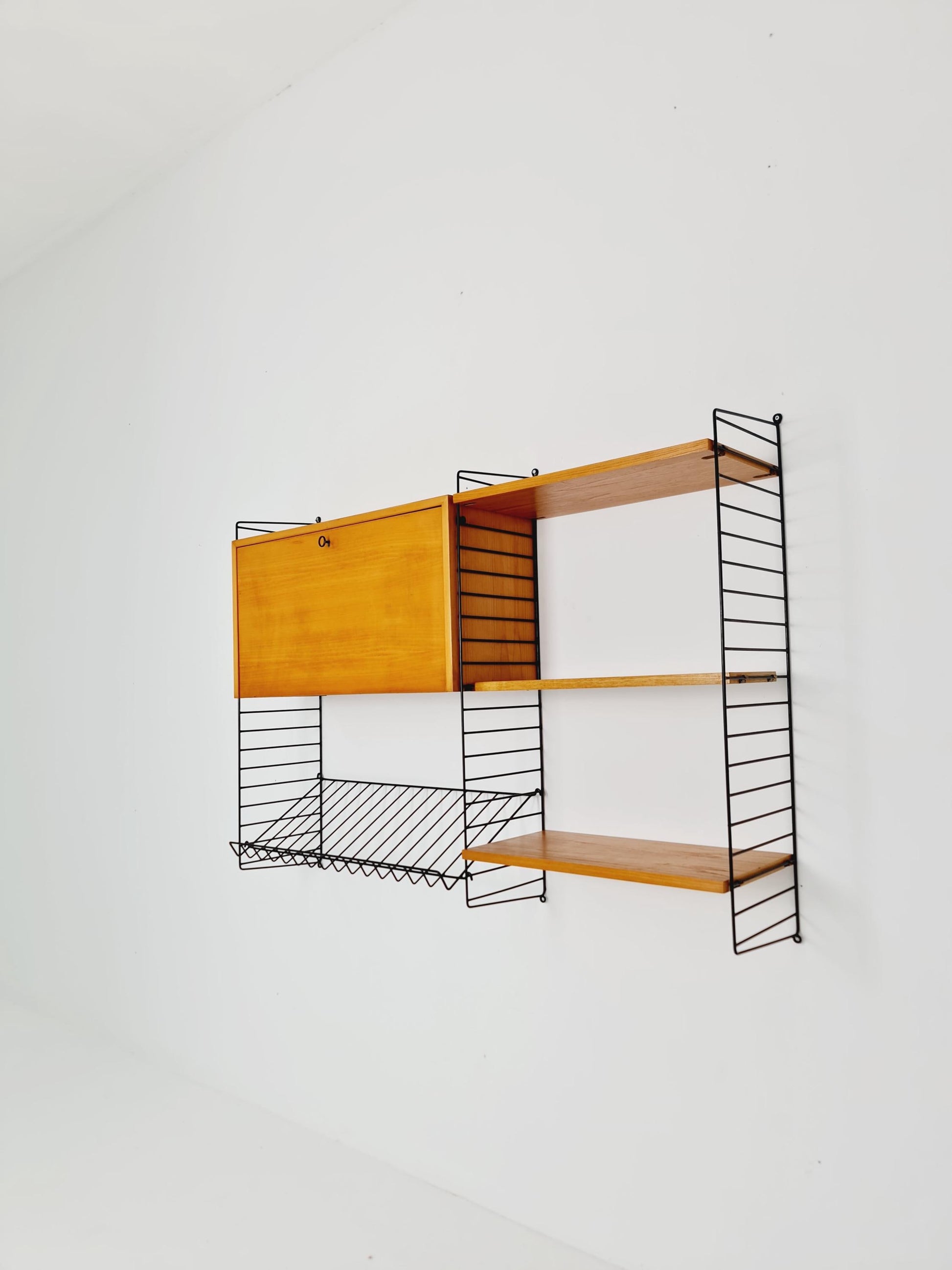 Wall-mounted original Swedish string shelf-system, drawers, bookcase teak by Nils & Kajsa Strinning, 1960s