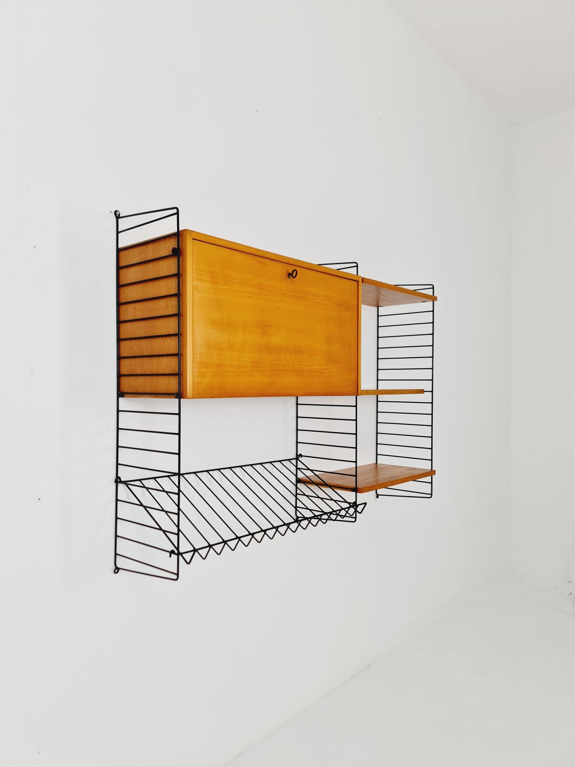 Wall-mounted original Swedish string shelf-system, drawers, bookcase teak by Nils & Kajsa Strinning, 1960s