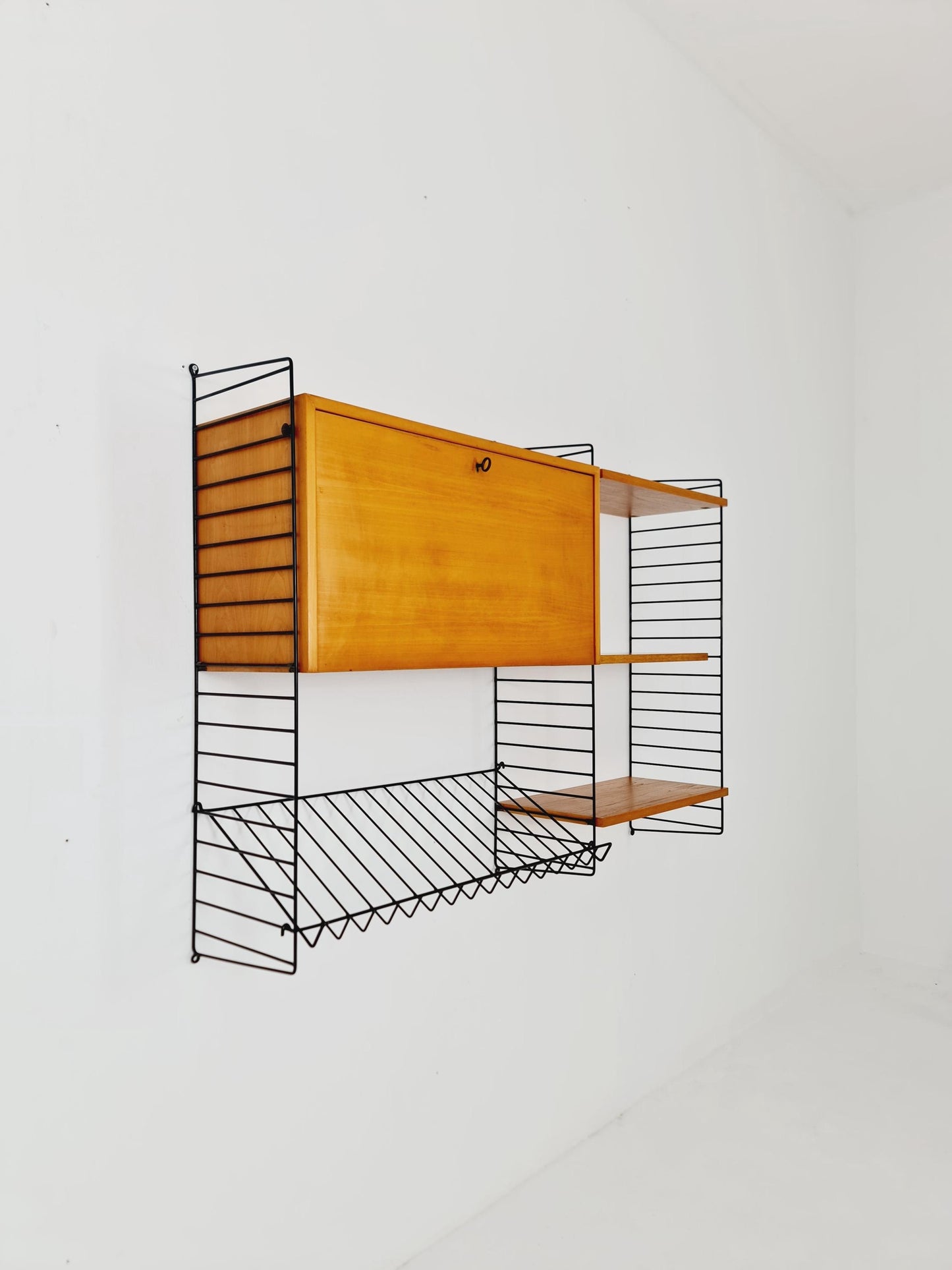 Wall-mounted original Swedish string shelf-system, drawers, bookcase teak by Nils & Kajsa Strinning, 1960s