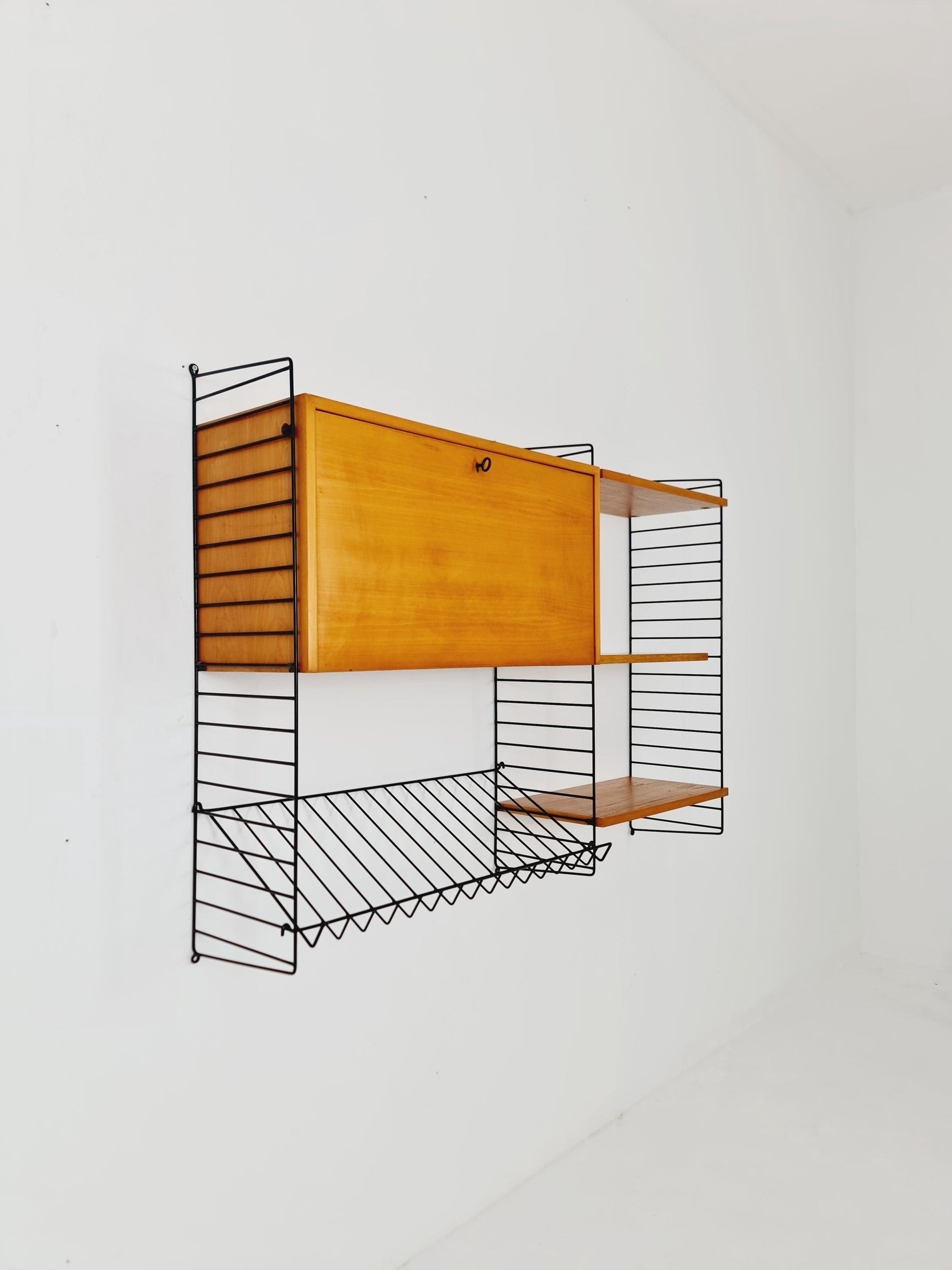 Wall-mounted original Swedish string shelf-system, drawers, bookcase teak by Nils & Kajsa Strinning, 1960s
