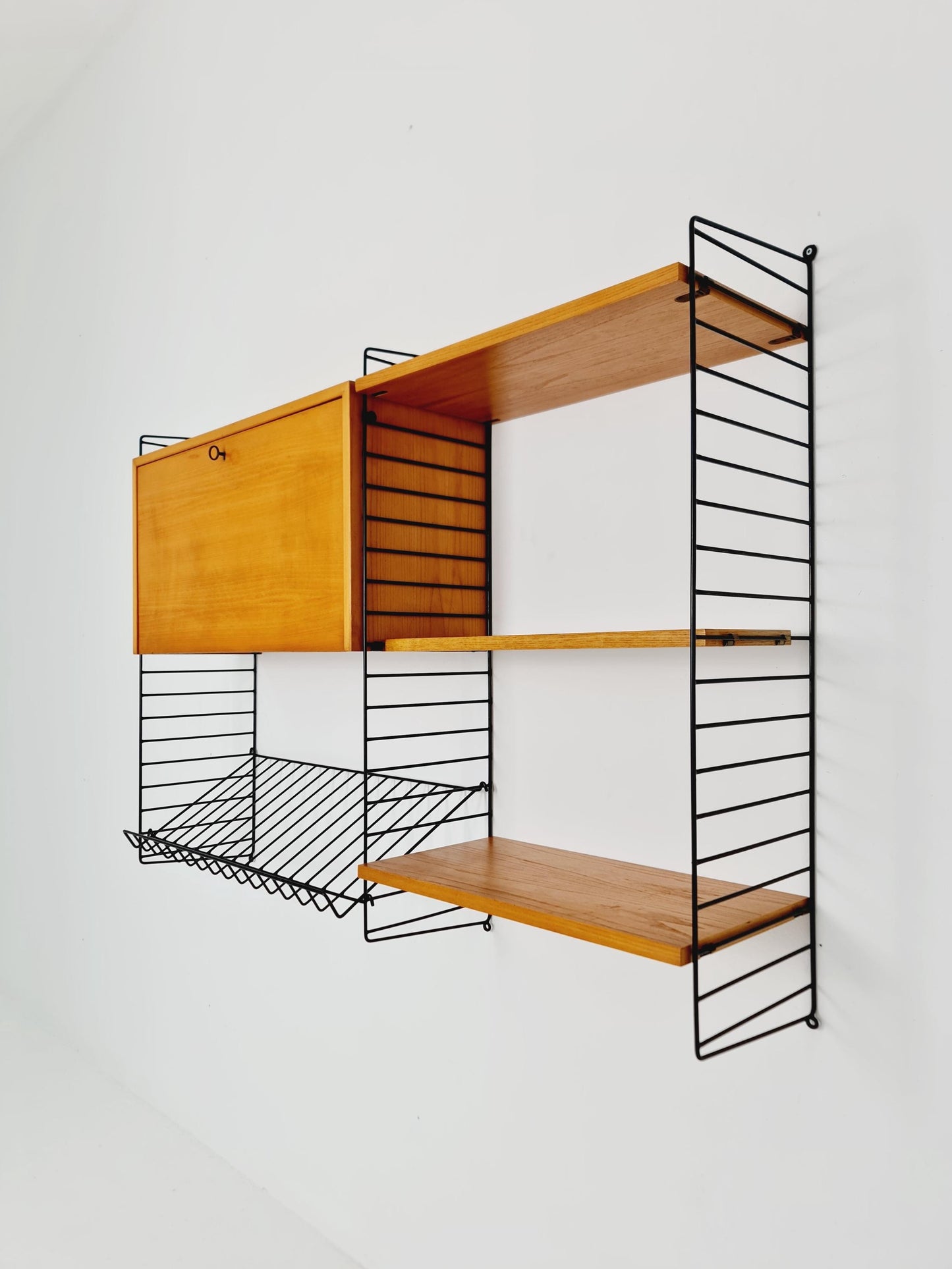 Wall-mounted original Swedish string shelf-system, drawers, bookcase teak by Nils & Kajsa Strinning, 1960s