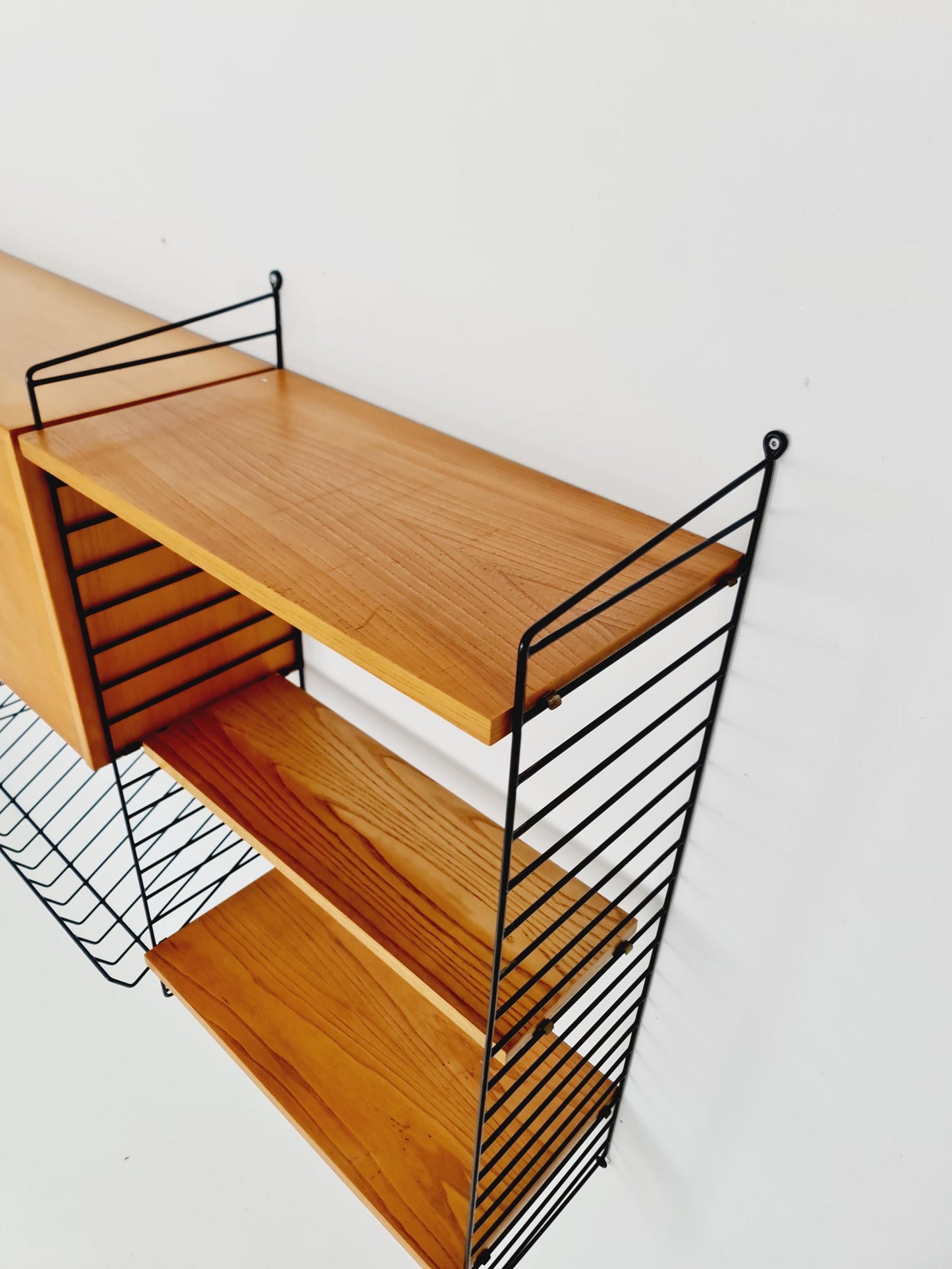 Wall-mounted original Swedish string shelf-system, drawers, bookcase teak by Nils & Kajsa Strinning, 1960s