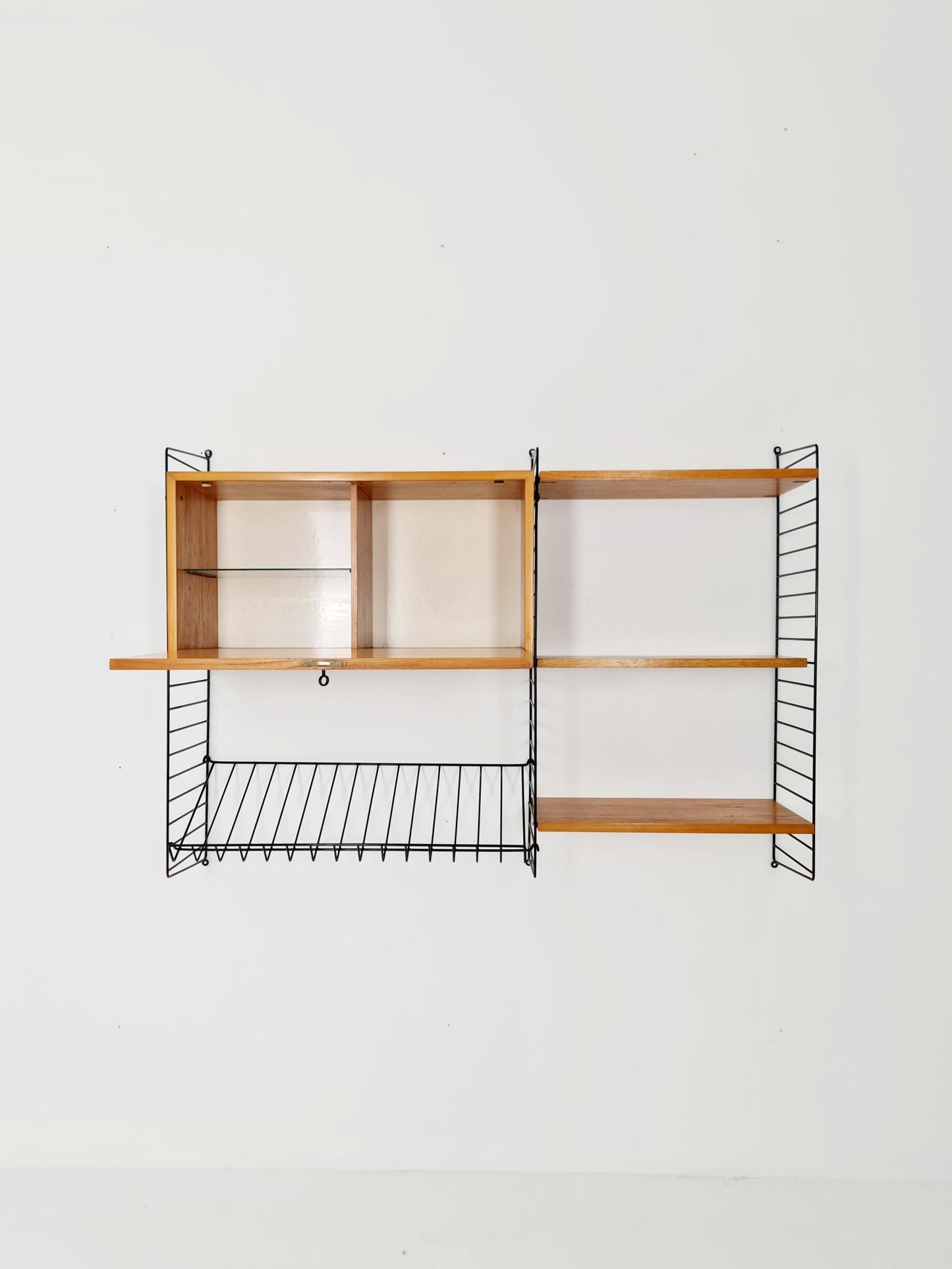 Wall-mounted original Swedish string shelf-system, drawers, bookcase teak by Nils & Kajsa Strinning, 1960s