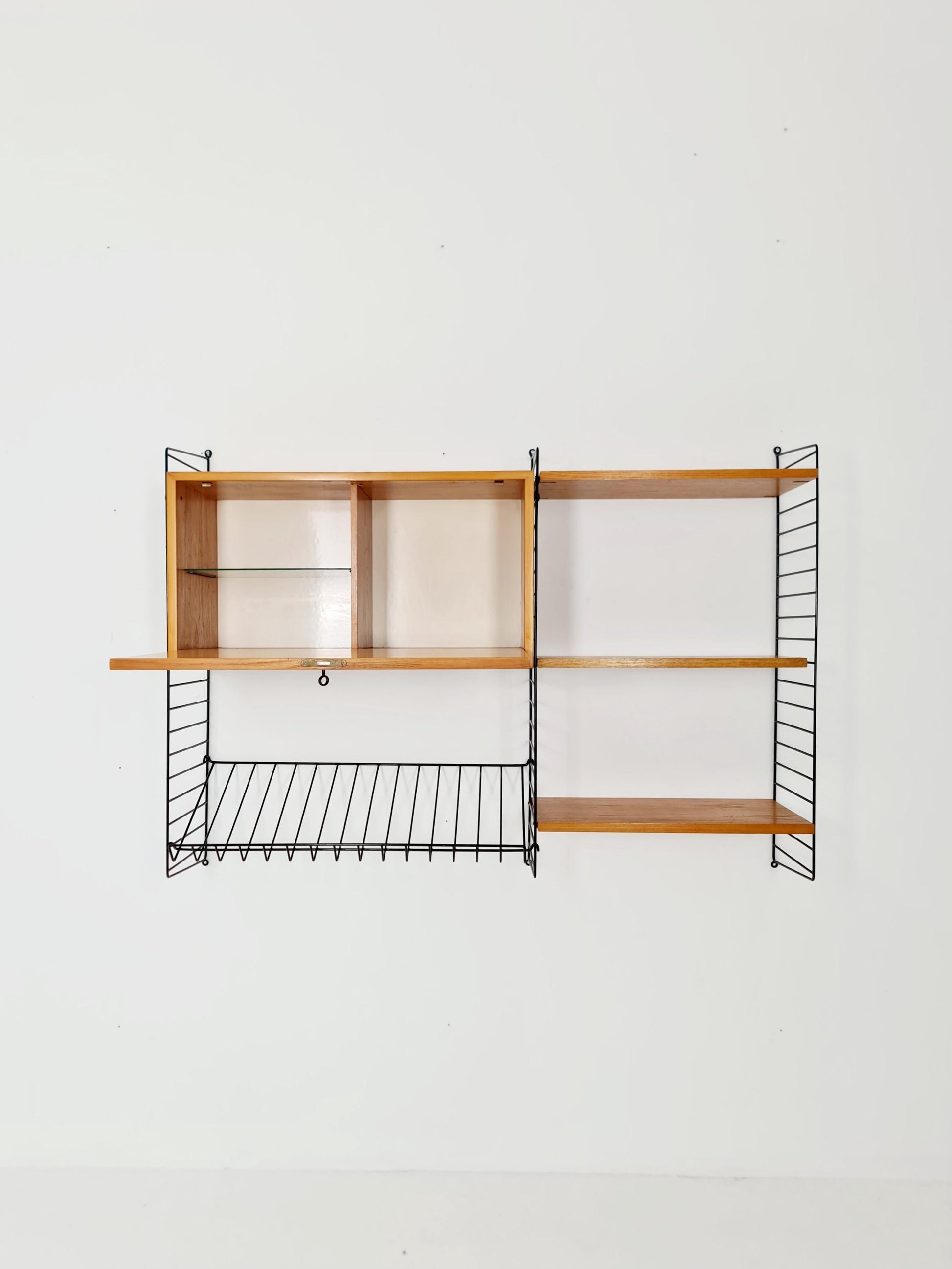 Wall-mounted original Swedish string shelf-system, drawers, bookcase teak by Nils & Kajsa Strinning, 1960s
