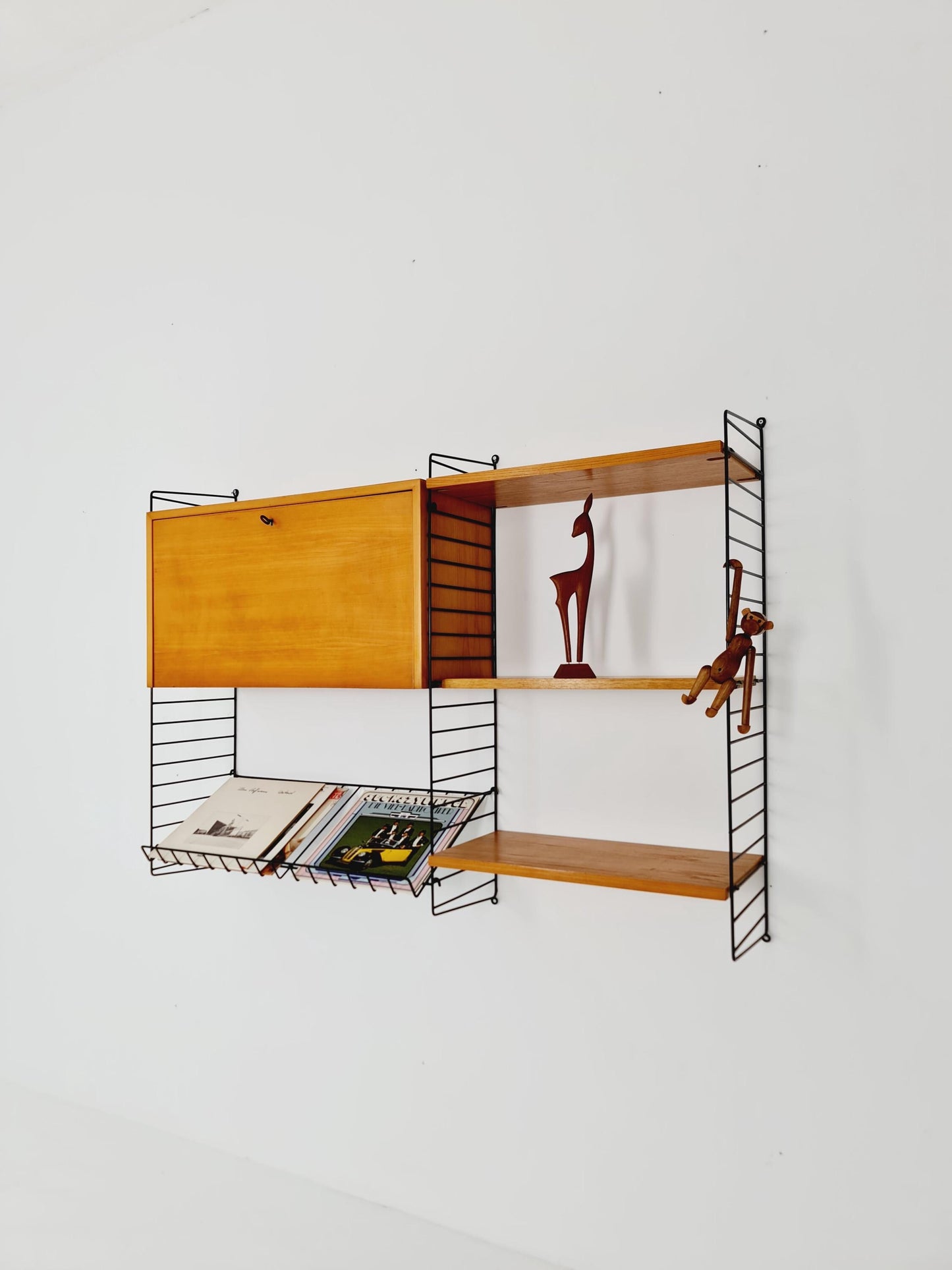 Wall-mounted original Swedish string shelf-system, drawers, bookcase teak by Nils & Kajsa Strinning, 1960s