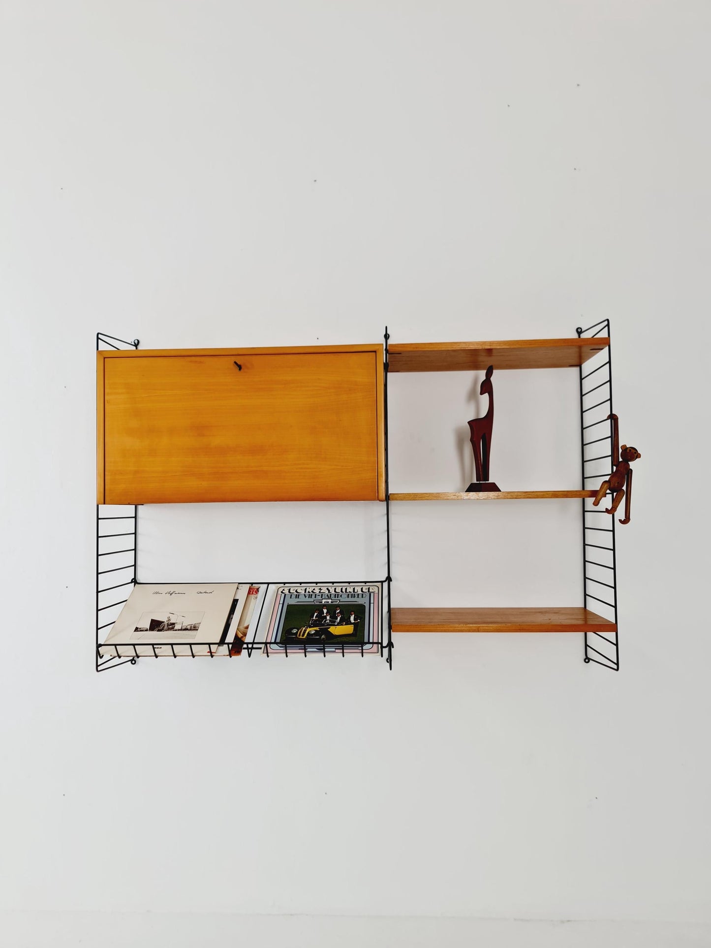 Wall-mounted original Swedish string shelf-system, drawers, bookcase teak by Nils & Kajsa Strinning, 1960s