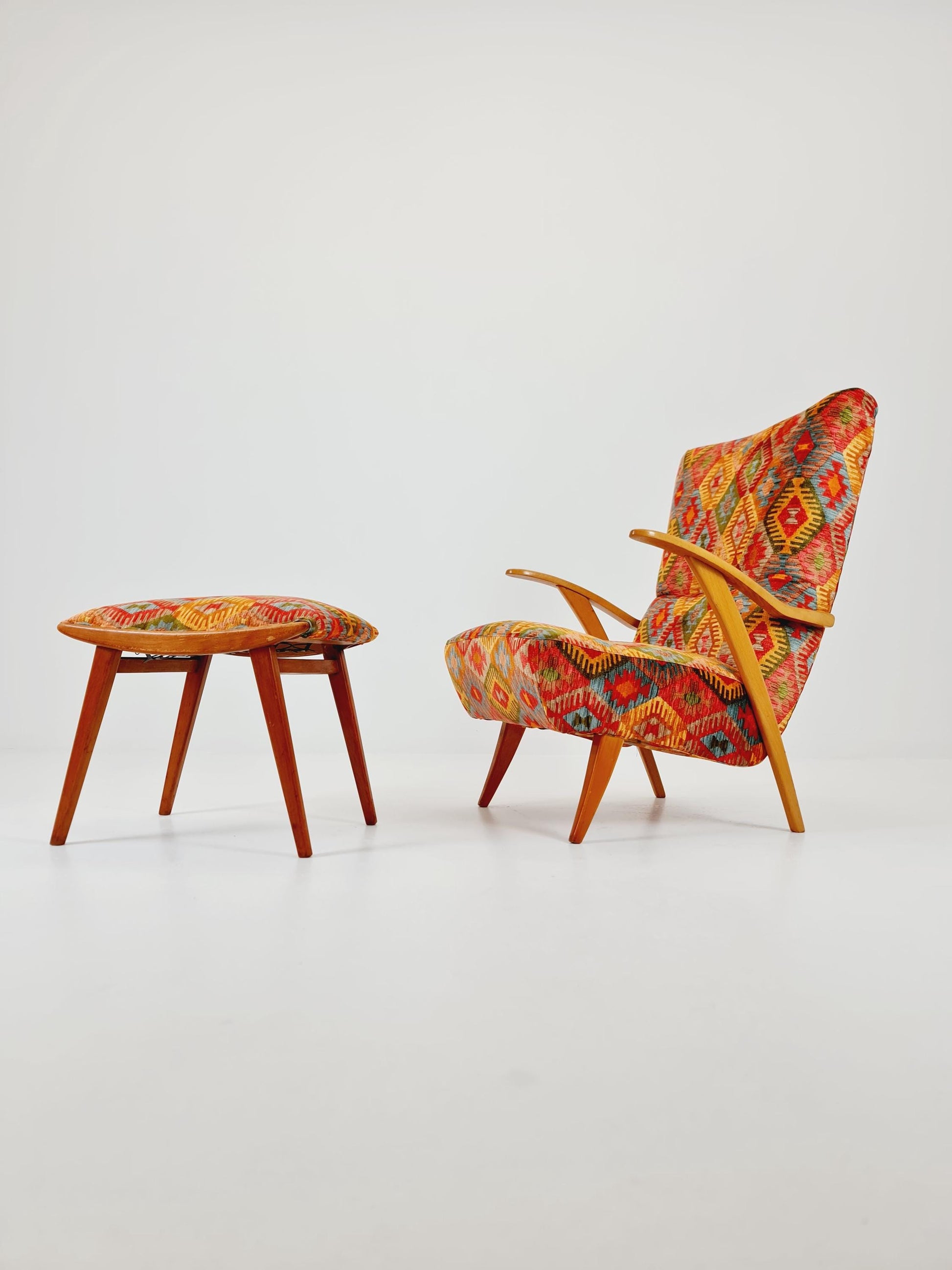 Rare Midcentury German club lounge chair, with ottoman 1940s