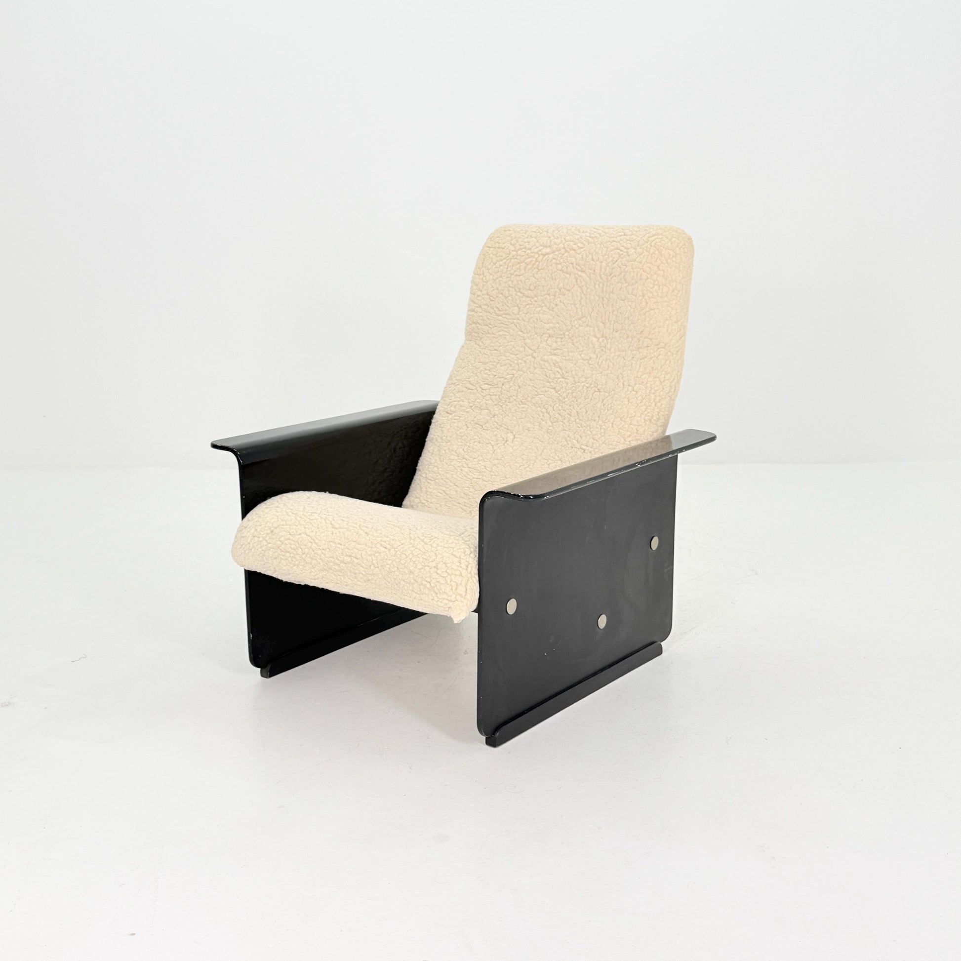 Mid Century Space Age Lounge Chair, Faux Fur Teddy Fabric & Black Wood Base, Germany 1980s,