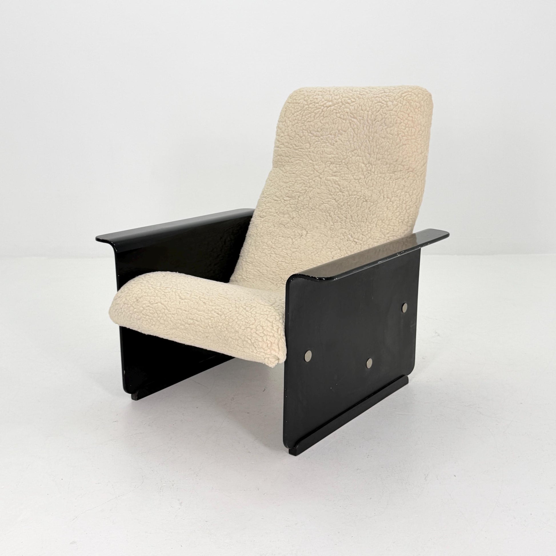Mid Century Space Age Lounge Chair, Faux Fur Teddy Fabric & Black Wood Base, Germany 1980s,