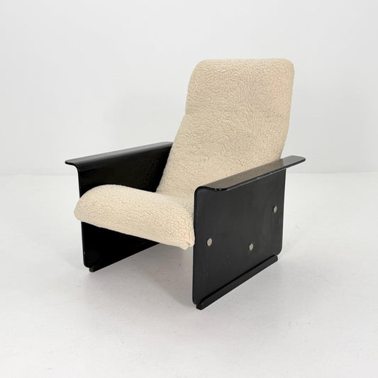 Mid Century Space Age Lounge Chair, Faux Fur Teddy Fabric & Black Wood Base, Germany 1980s,