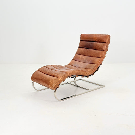 Mid Century Lounge chair leather and chrome, Ludwig Mies van der Rohe Italy 1980s
