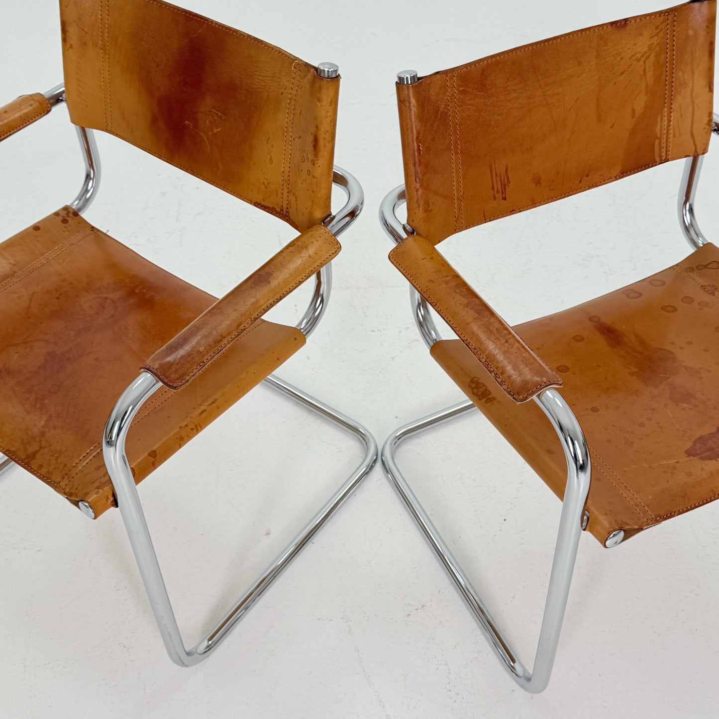 Set of 2 Mid century Bauhaus cognac armchairs by Mart stam & Marcel Brauer for Steel Line 1990s Italy