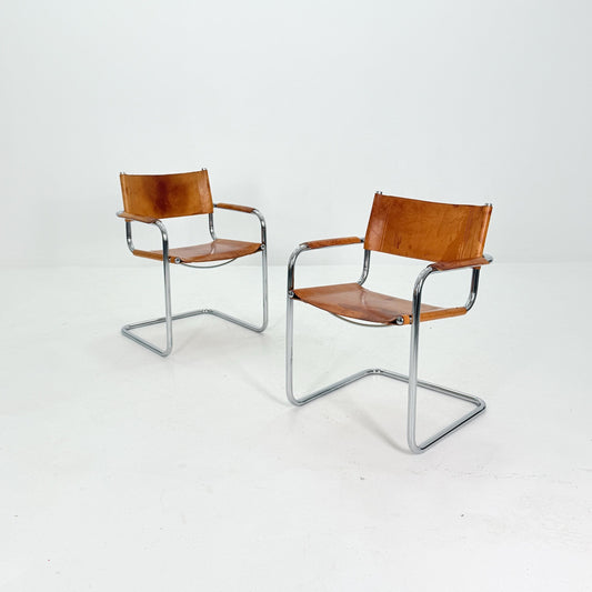 Set of 2 Mid century Bauhaus cognac armchairs by Mart stam & Marcel Brauer for Steel Line 1990s Italy