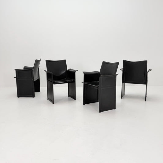 Set of 4 Mid-Century Italian “Korium” KM1 Black Leather Armchair by Tito Agnoli for Matteo Grassi, 1970s Italy