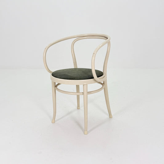 Mid Century Thonet 209 Bentwood Armchair, White Painted Beechwood Chair with Dark Green Fabric Seat, Germany 1980s