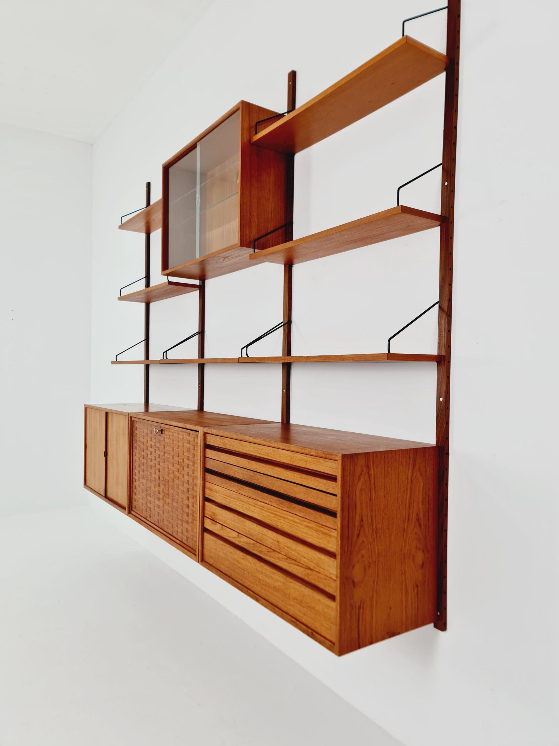 Big Mid century Danish Teak Wall Unit with 3 cabinets with show case by Poul Cadovius for Cado, Denmark, 1960s