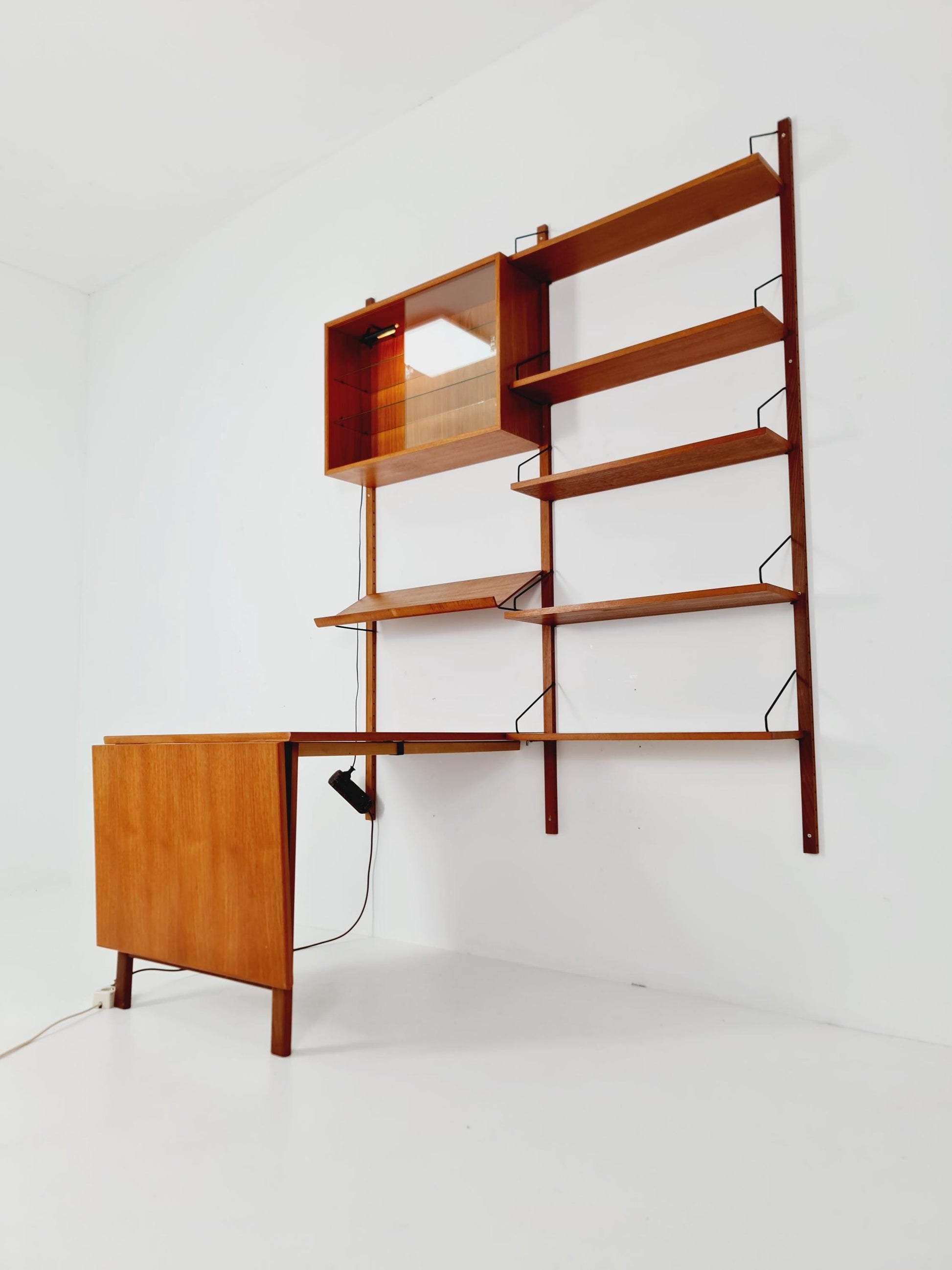 Big Mid century Danish Teak Wall Unit with showcase and dining table/Desk with show case by Poul Cadovius for Cado, Denmark, 1960s