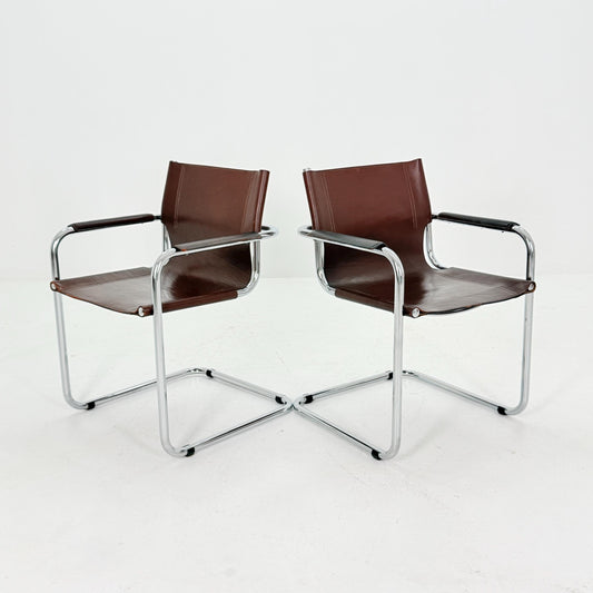 Set of 2 Matteo Grassi MG5 Visitor Chairs in Brown Leather – Bauhaus Cantilever Design by Mart Stam & Marcel Breuer, Italy 1970s