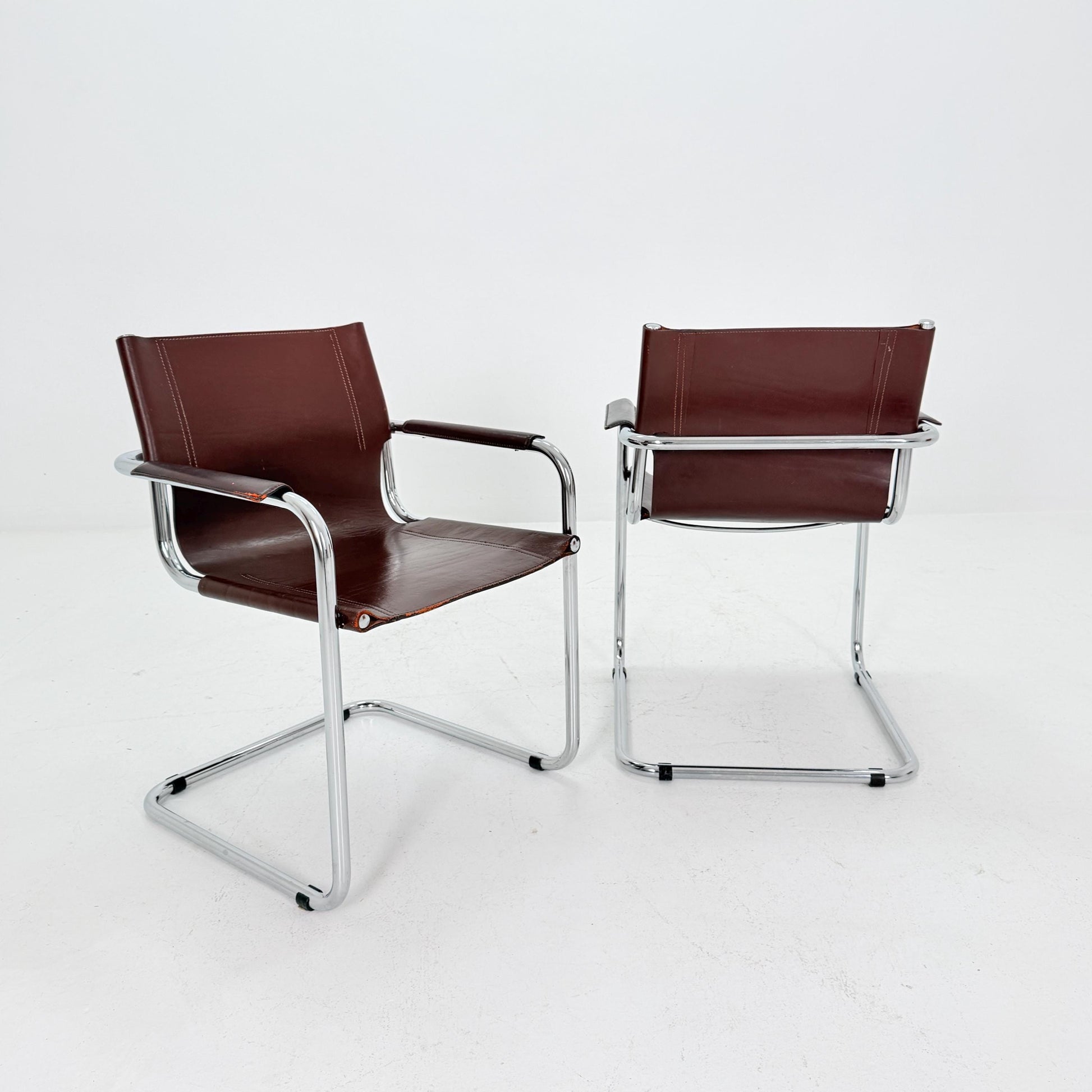 Set of 2 Matteo Grassi MG5 Visitor Chairs in Brown Leather – Bauhaus Cantilever Design by Mart Stam & Marcel Breuer, Italy 1970s