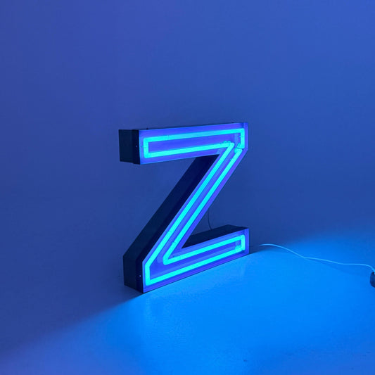 Mid Century Neon Letter Sign N / Z, – Large Industrial Neon Shop Sign, Blue Metal Advertising Reklame with Transformer Germany 1960s