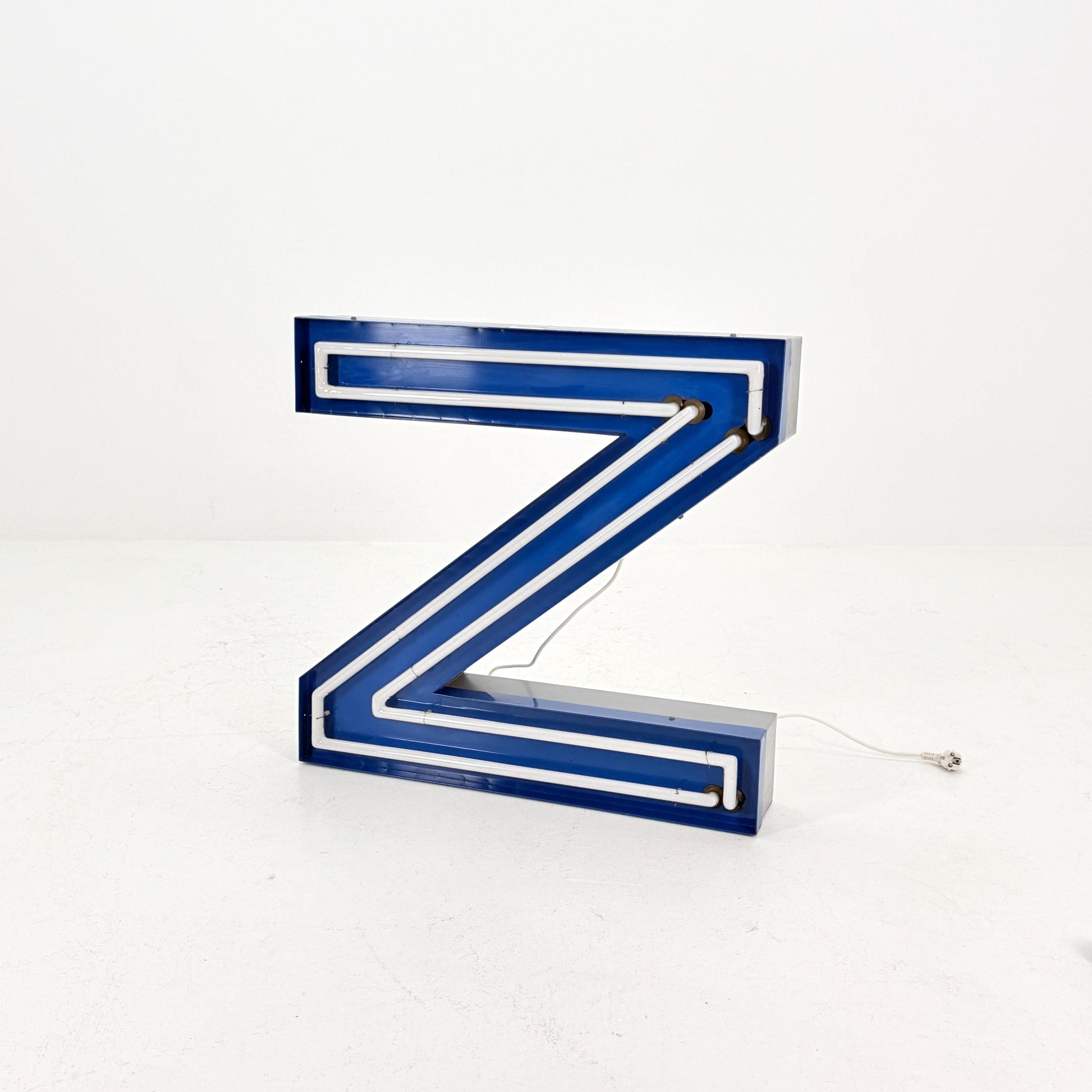 Mid Century Neon Letter Sign N / Z, – Large Industrial Neon Shop Sign, Blue Metal Advertising Reklame with Transformer Germany 1960s