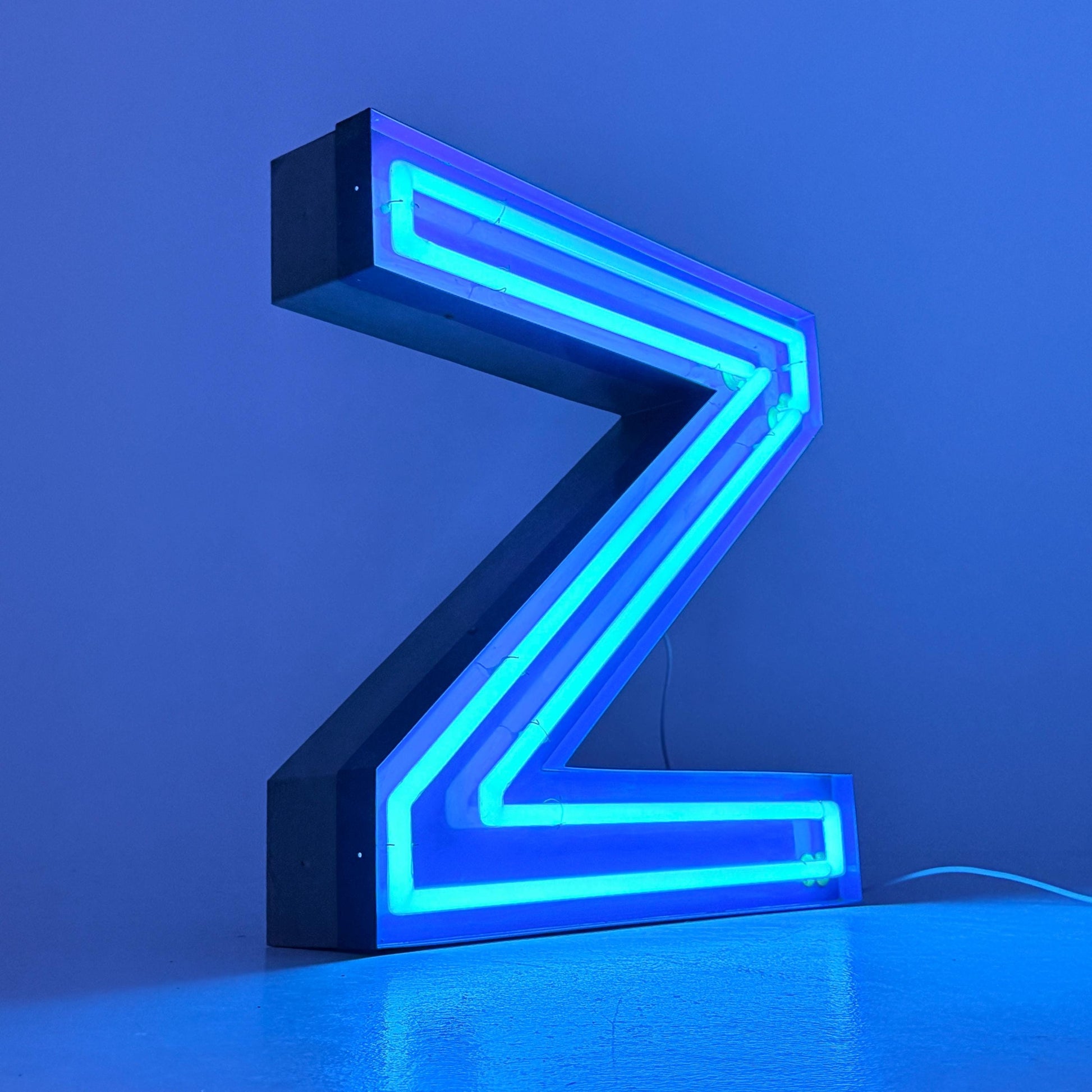 Mid Century Neon Letter Sign N / Z, – Large Industrial Neon Shop Sign, Blue Metal Advertising Reklame with Transformer Germany 1960s