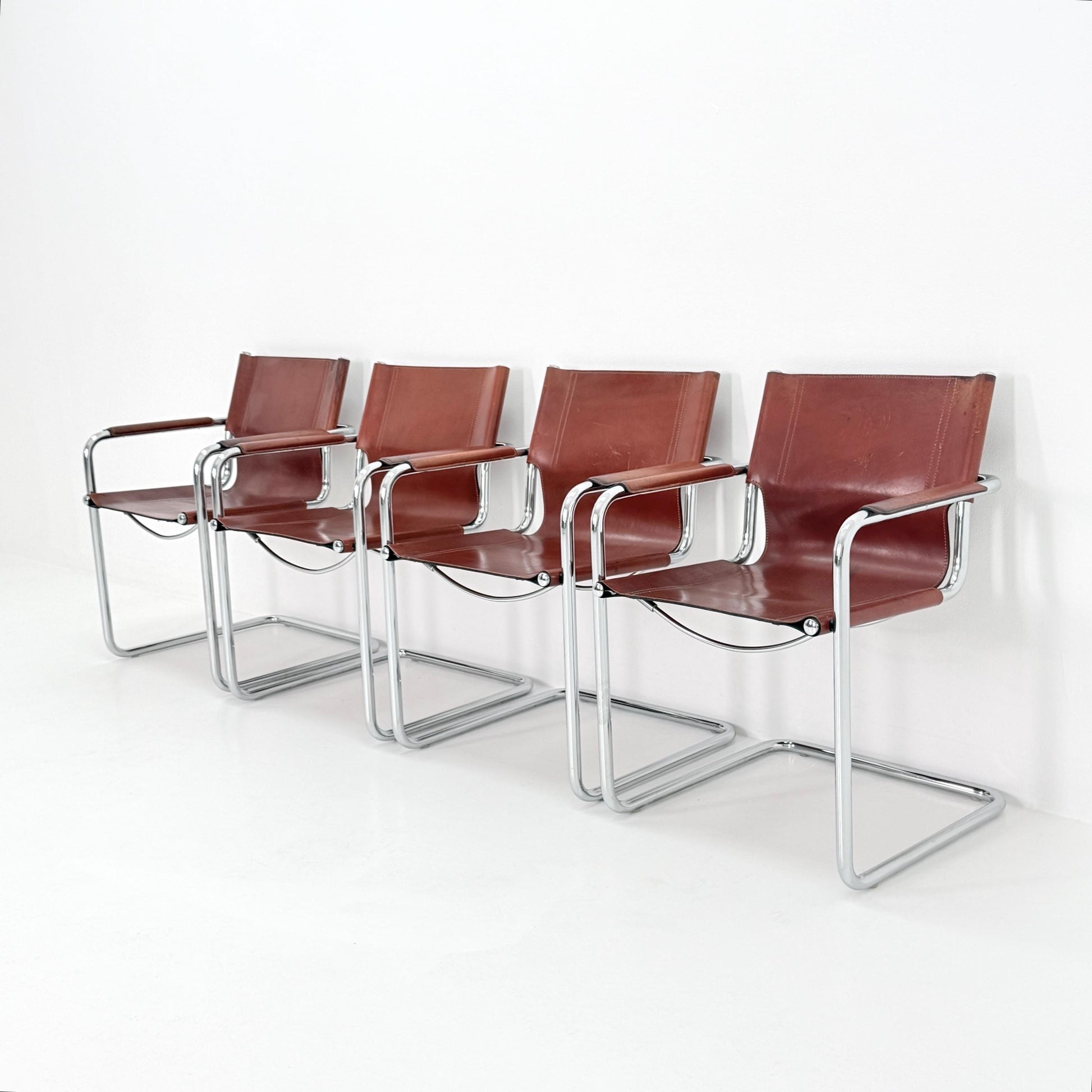 Set of 4 Matteo Grassi original Bauhaus design Visitor model armchairs dark cognac Leather Italy 1970s