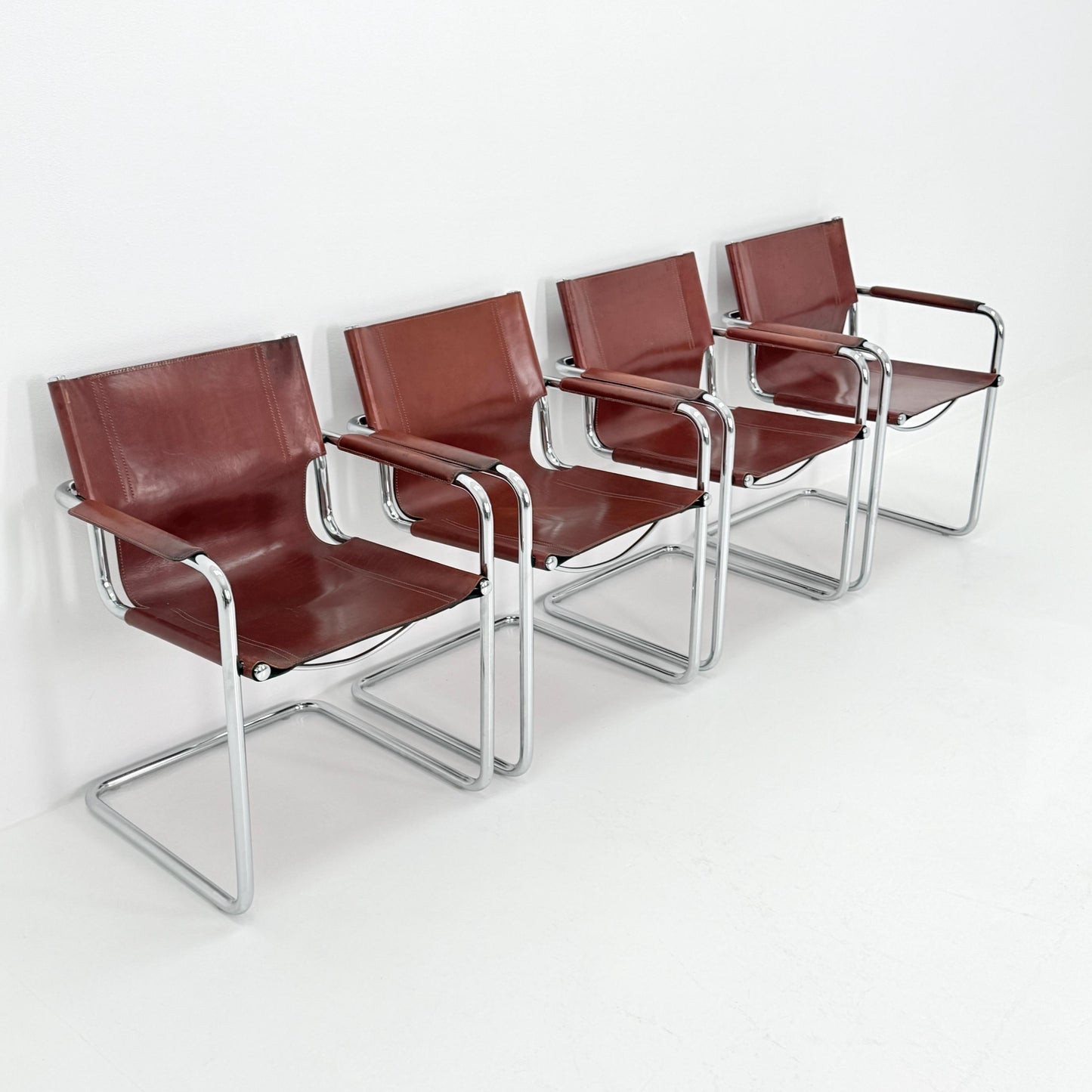 Set of 4 Matteo Grassi original Bauhaus design Visitor model armchairs dark cognac Leather Italy 1970s