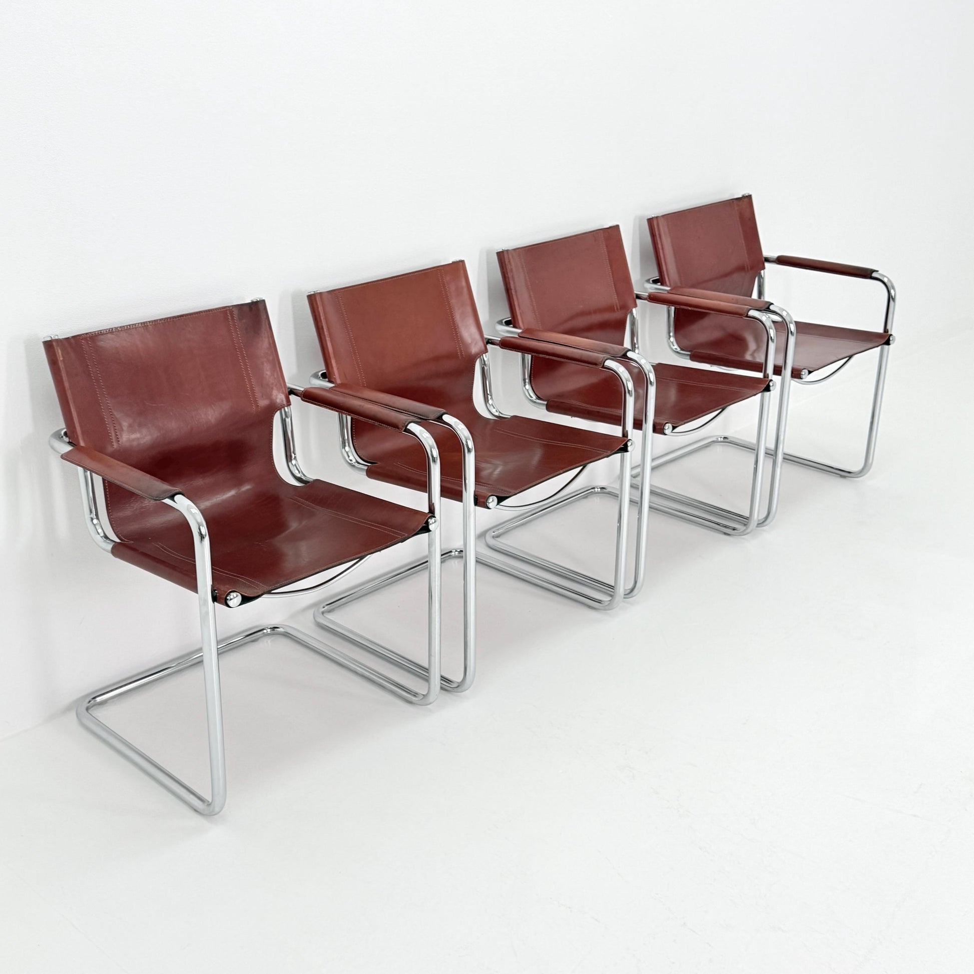 Set of 4 Matteo Grassi original Bauhaus design Visitor model armchairs dark cognac Leather Italy 1970s