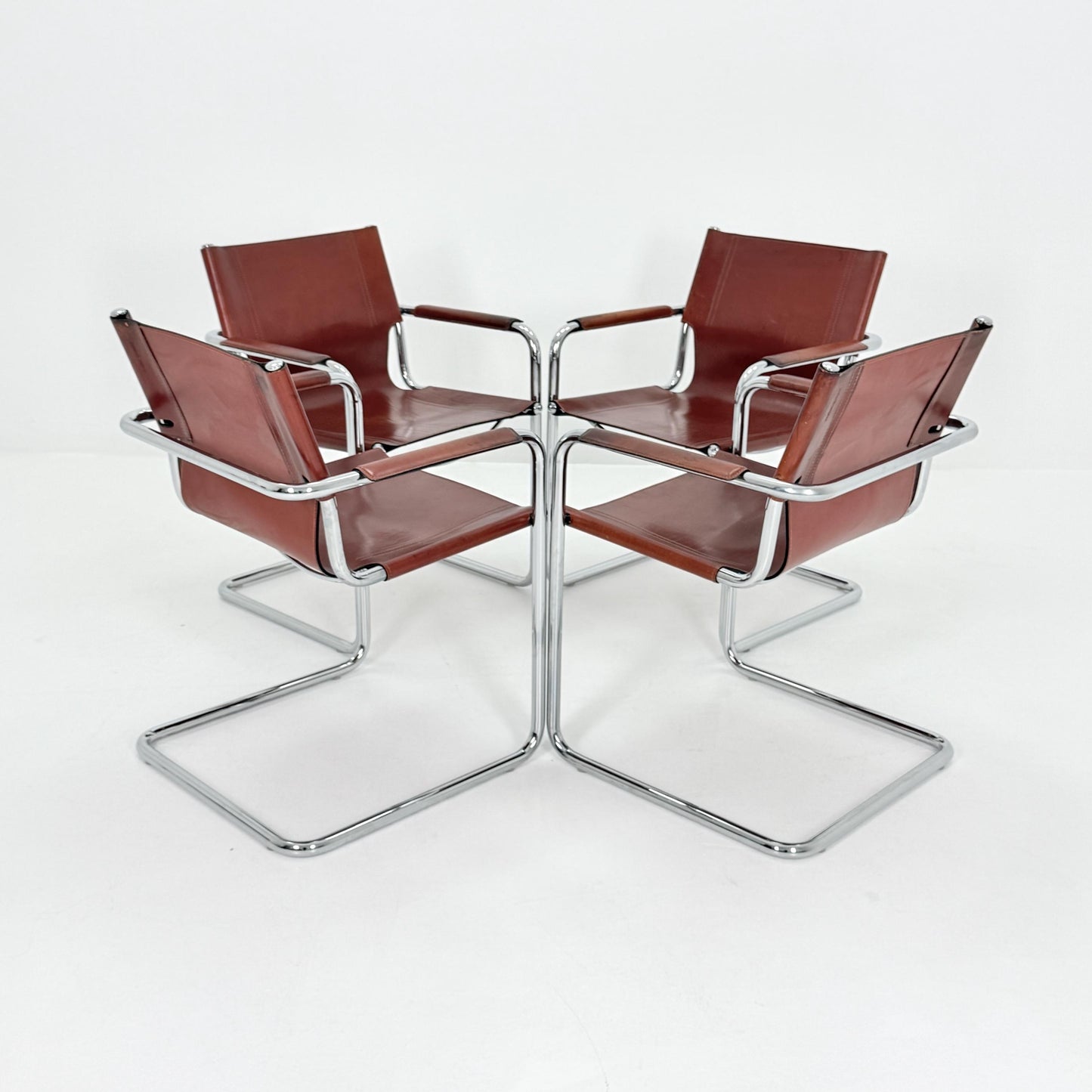 Set of 4 Matteo Grassi original Bauhaus design Visitor model armchairs dark cognac Leather Italy 1970s