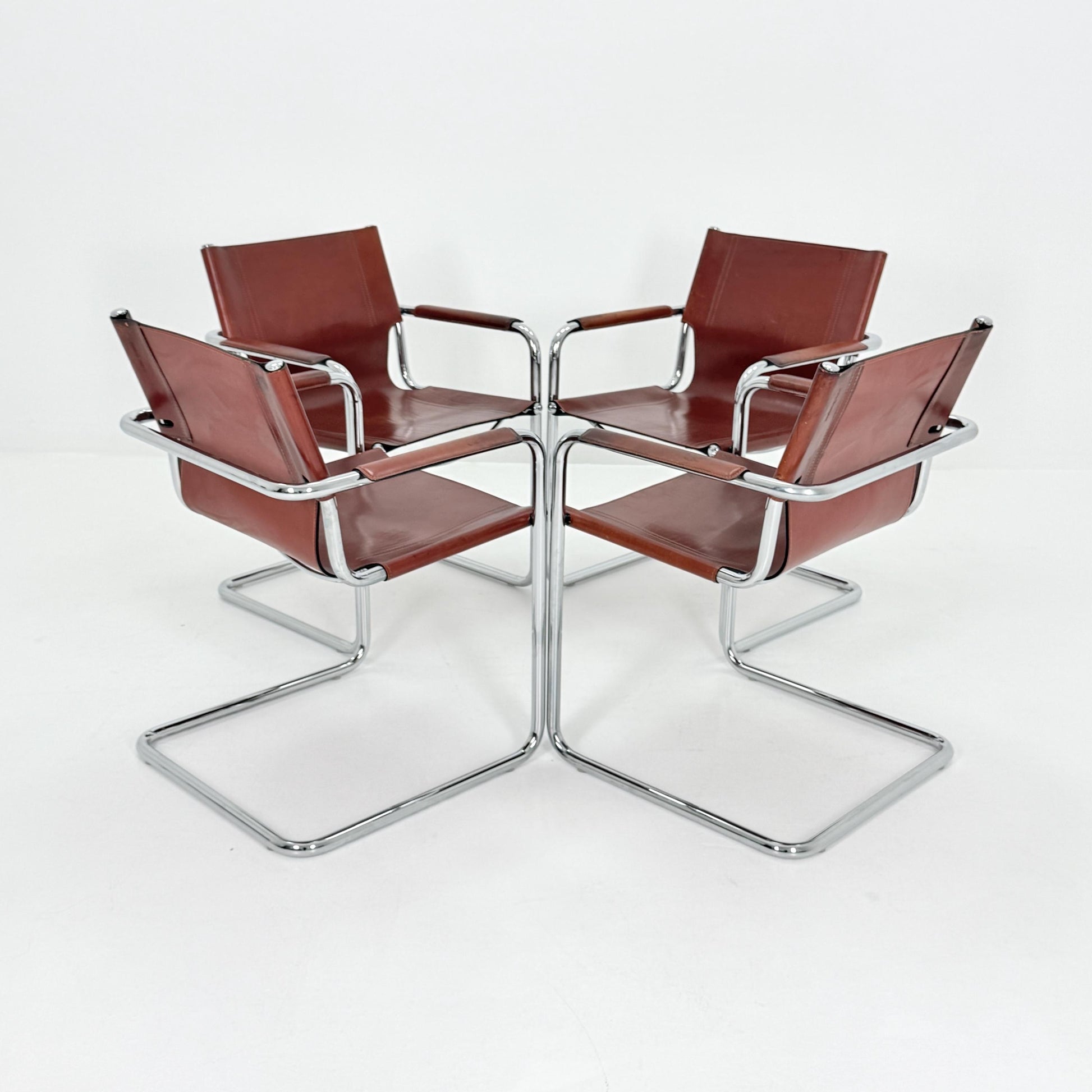 Set of 4 Matteo Grassi original Bauhaus design Visitor model armchairs dark cognac Leather Italy 1970s