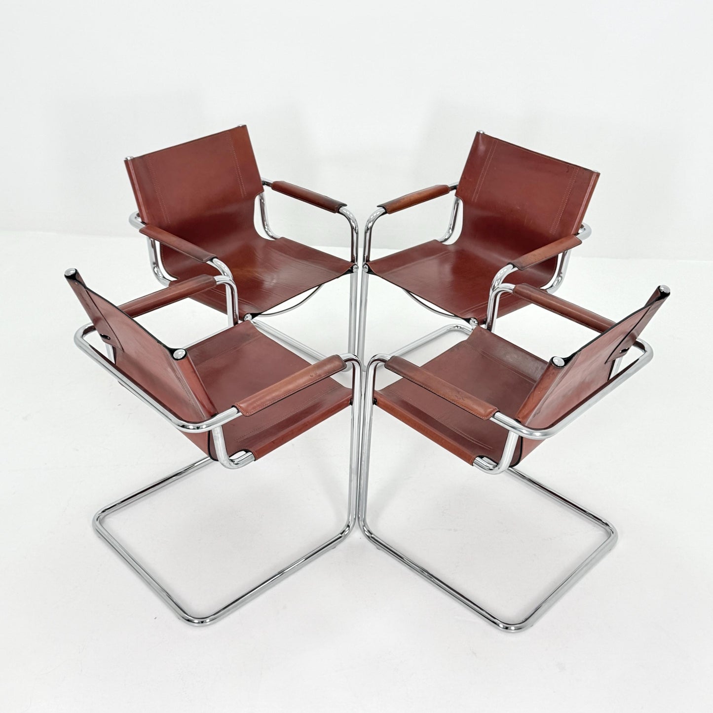 Set of 4 Matteo Grassi original Bauhaus design Visitor model armchairs dark cognac Leather Italy 1970s